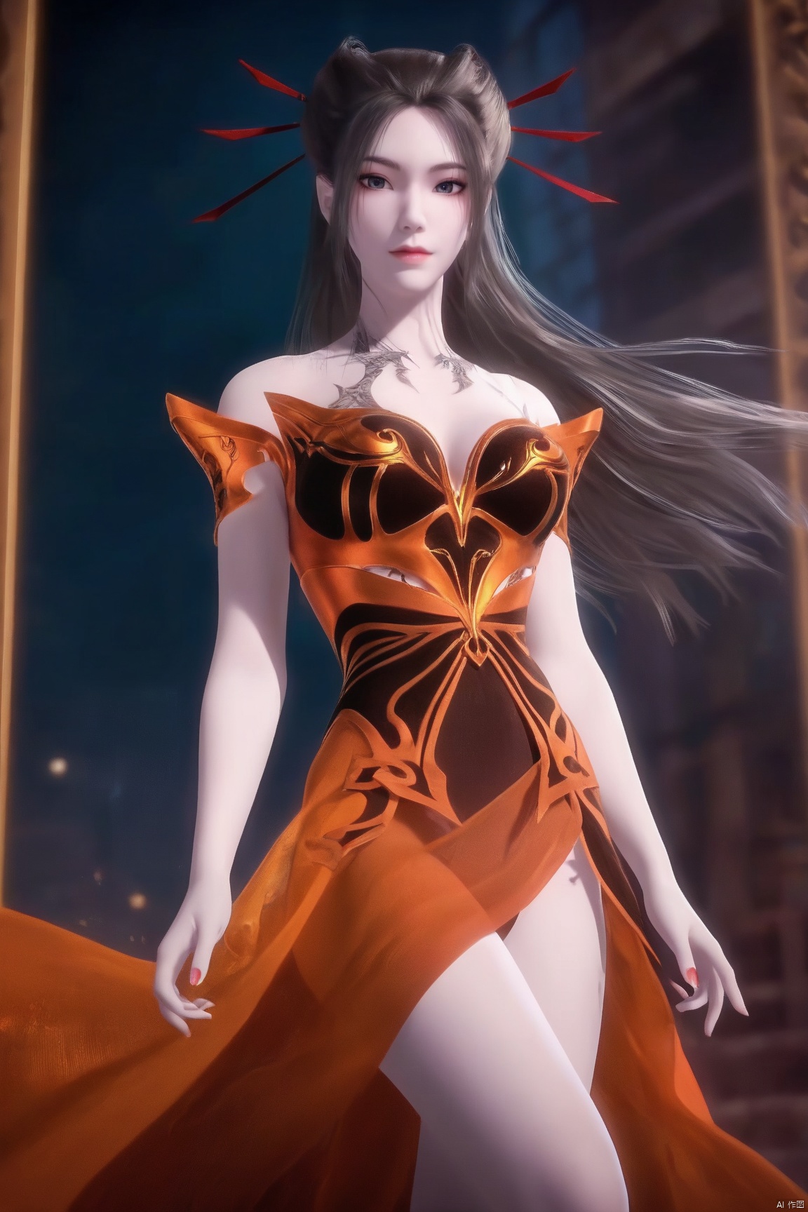 score_9_up,score_8_up,score_7_up,(Masterpiece, Best Quality, High Resolution, 8K Raw),absurdres, highres, Expressiveh, 
1girl, solo, long hair, hair ornament, dress,brown hair, standing, 
 illustration,CG,shiny hair,clear skin, pale skin,translucent,realistic,white skin,high detailed skin,(detailed skin:1.1),highly detailed,ultra-high resolution,32K UHD,sharp focus,best-quality,masterpiece,unconventional supreme masterpiece,masterful details,temperate atmosphere,with a high-end texture,in the style of fashion photography,Dynamic Angle,(Dynamic posture:1.1),OverallDetailXL,zPDXL3,GX_style,