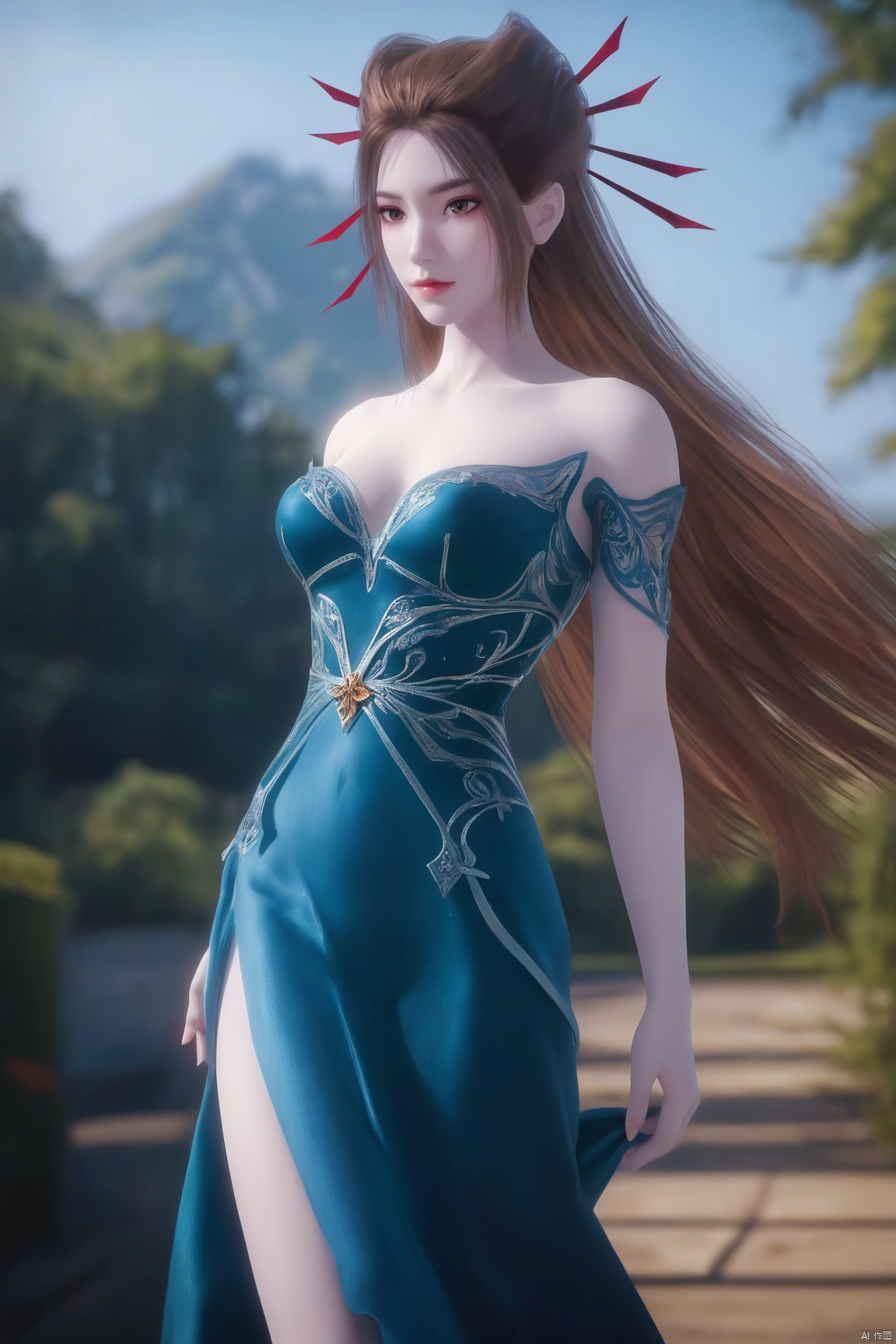 score_9_up,score_8_up,score_7_up,(Masterpiece, Best Quality, High Resolution, 8K Raw),absurdres, highres, Expressiveh, 
1girl, solo, long hair, hair ornament,blue dress,brown hair, standing, 
 illustration,CG,shiny hair,clear skin, pale skin,translucent,realistic,white skin,high detailed skin,(detailed skin:1.1),highly detailed,ultra-high resolution,32K UHD,sharp focus,best-quality,masterpiece,unconventional supreme masterpiece,masterful details,temperate atmosphere,with a high-end texture,in the style of fashion photography,Dynamic Angle,(Dynamic posture:1.1),OverallDetailXL,zPDXL3,GX_style,