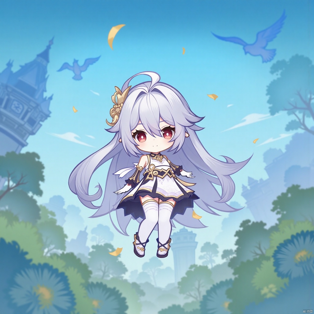 rosmontis \(arknights\),1girl,Loli Character - Petite and Solo Female,hair between eyes, Silver Hair with Asymmetrical Style, very long hair, grey hair, bare_shoulders, Red Eyes with Slit Pupils, blue_sky, braid, blurry foreground, closed_mouth, cloud, confetti, day, solo, blurry, outdoors, looking_at_viewer, bird, clock_tower, White Thigh-Highs with Thigh Straps - Sleeveless White Dress with Lace Trim - Piercing Red Eyes with Slit Pupils - Strapped Dress with a Wariza-Inspired Style - Asymmetrical Legwear for Visual Contrast - Mystical Forest with Rich Flora and Fauna - High-Resolution Fantasy Artwork - Masterpiece Quality with Intricate Details - Clean Imagery Free of Text or Watermarks
