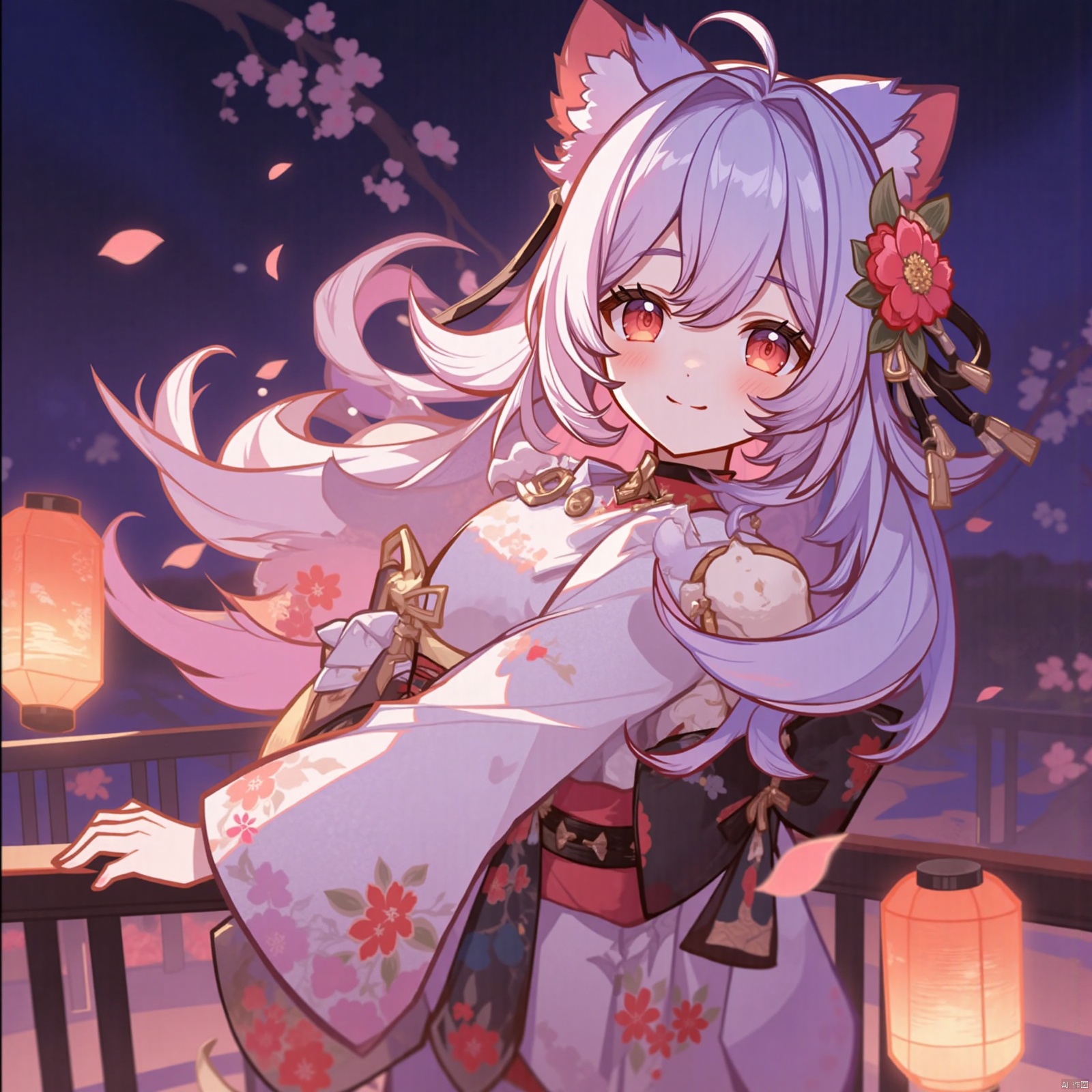 1girl, solo, long hair,blunt bangs, looking at viewer, blush, smile, bangs, hair ornament, red eyes, long sleeves, animal ears, hair between eyes, closed mouth, braid, flower, white hair, outdoors, japanese clothes, cat ears, hair flower, wide sleeves, kimono, water, blurry, animal ear fluff, sash, petals, depth of field, obi, floral print, cherry blossoms, hair over shoulder, pink flower, lantern, blurry foreground, white kimono, railing, branch, print kimono, bridge, paper lantern