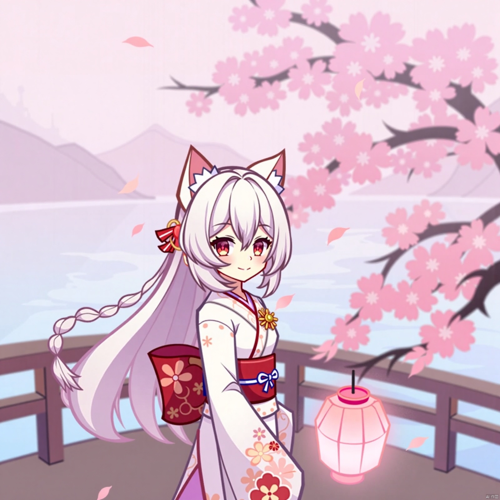 1girl, solo, long hair, looking at viewer, blush, smile, bangs, hair ornament, red eyes, long sleeves, animal ears, hair between eyes, closed mouth, braid, flower, white hair, outdoors, japanese clothes, cat ears, hair flower, wide sleeves, kimono, water, blurry, animal ear fluff, sash, petals, depth of field, obi, floral print, cherry blossoms, hair over shoulder, pink flower, lantern, blurry foreground, white kimono, railing, branch, print kimono, bridge, paper lantern