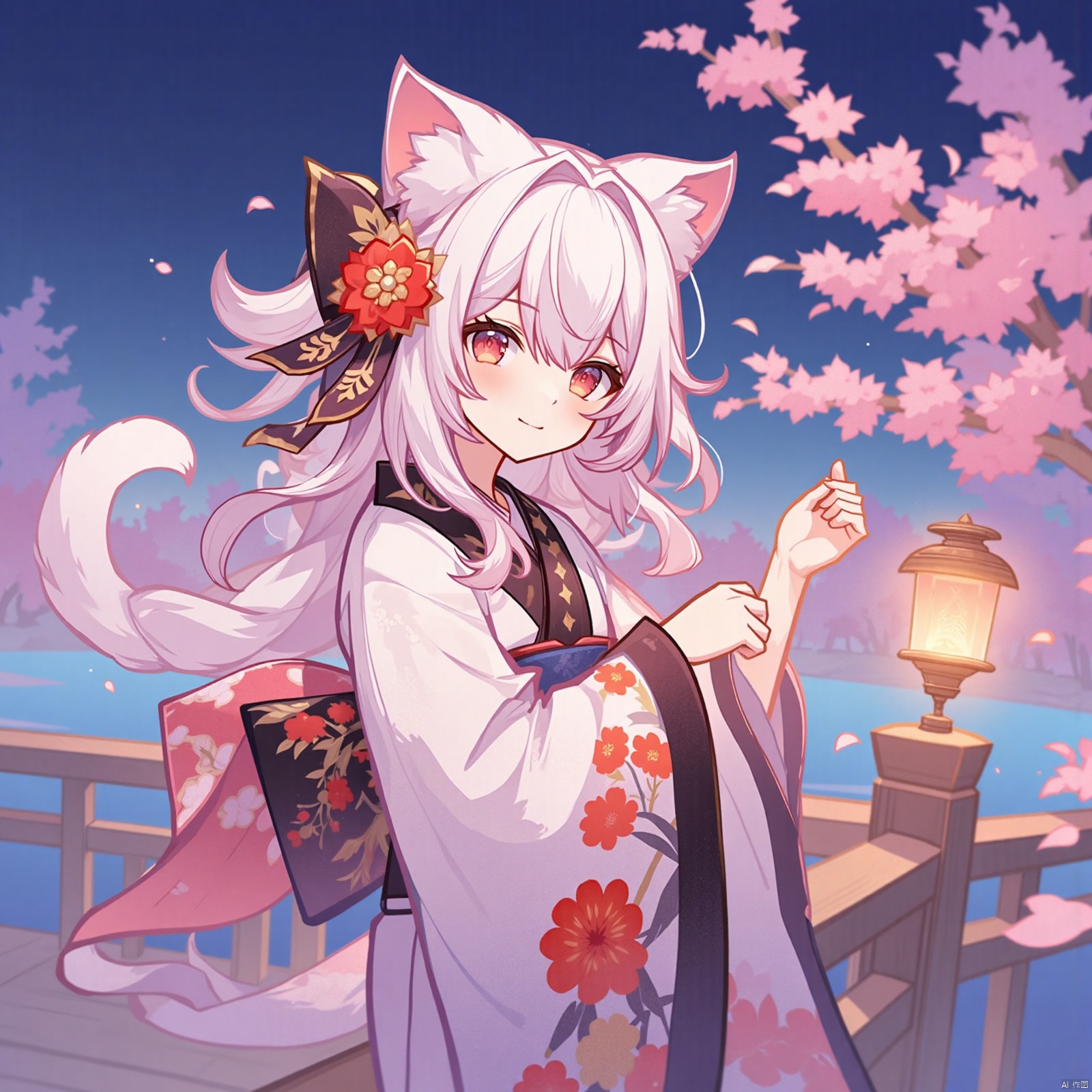 1girl, solo, long hair,blunt bangs, looking at viewer, blush, smile, bangs, hair ornament, red eyes, long sleeves, animal ears, hair between eyes, closed mouth, braid, flower, white hair, outdoors, japanese clothes, cat ears, hair flower, wide sleeves, kimono, water, blurry, animal ear fluff, sash, petals, depth of field, obi, floral print, cherry blossoms, hair over shoulder, pink flower, lantern, blurry foreground, white kimono, railing, branch, print kimono, bridge, paper lantern