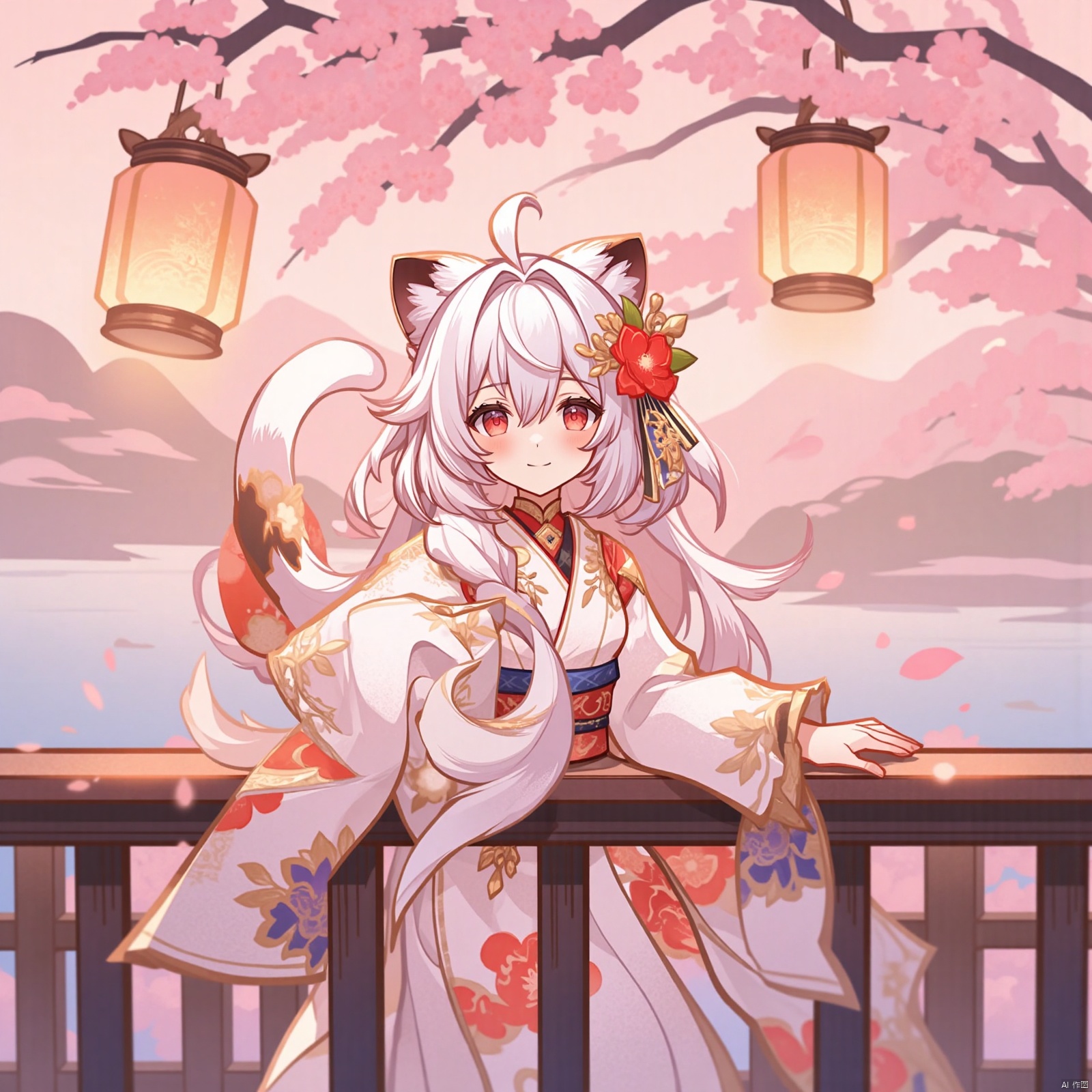 1girl, solo, long hair, looking at viewer, blush, smile, bangs, hair ornament, red eyes, long sleeves, animal ears, hair between eyes, closed mouth, braid, flower, white hair, outdoors, japanese clothes, cat ears, hair flower, wide sleeves, kimono, water, blurry, animal ear fluff, sash, petals, depth of field, obi, floral print, cherry blossoms, hair over shoulder, pink flower, lantern, blurry foreground, white kimono, railing, branch, print kimono, bridge, paper lantern