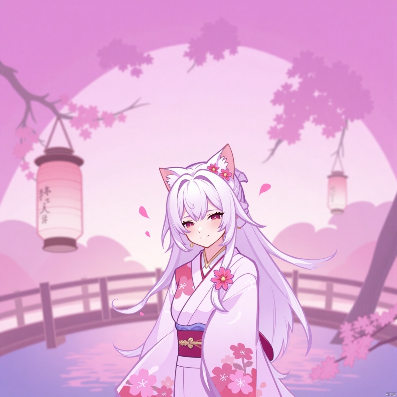 1girl, solo, long hair, looking at viewer, blush, smile, bangs, hair ornament, red eyes, long sleeves, animal ears, hair between eyes, closed mouth, braid, flower, white hair, outdoors, japanese clothes, cat ears, hair flower, wide sleeves, kimono, water, blurry, animal ear fluff, sash, petals, depth of field, obi, floral print, cherry blossoms, hair over shoulder, pink flower, lantern, blurry foreground, white kimono, railing, branch, print kimono, bridge, paper lantern