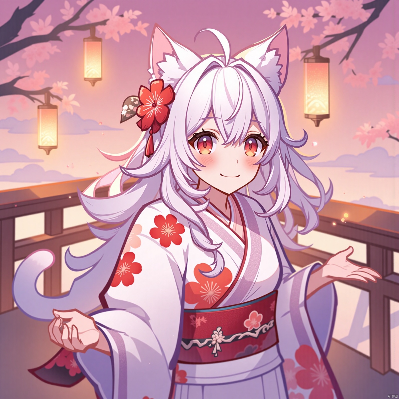 1girl, solo, long hair, looking at viewer, blush, smile, bangs, hair ornament, red eyes, long sleeves, animal ears, hair between eyes, closed mouth, braid, flower, white hair, outdoors, japanese clothes, cat ears, hair flower, wide sleeves, kimono, water, blurry, animal ear fluff, sash, petals, depth of field, obi, floral print, cherry blossoms, hair over shoulder, pink flower, lantern, blurry foreground, white kimono, railing, branch, print kimono, bridge, paper lantern