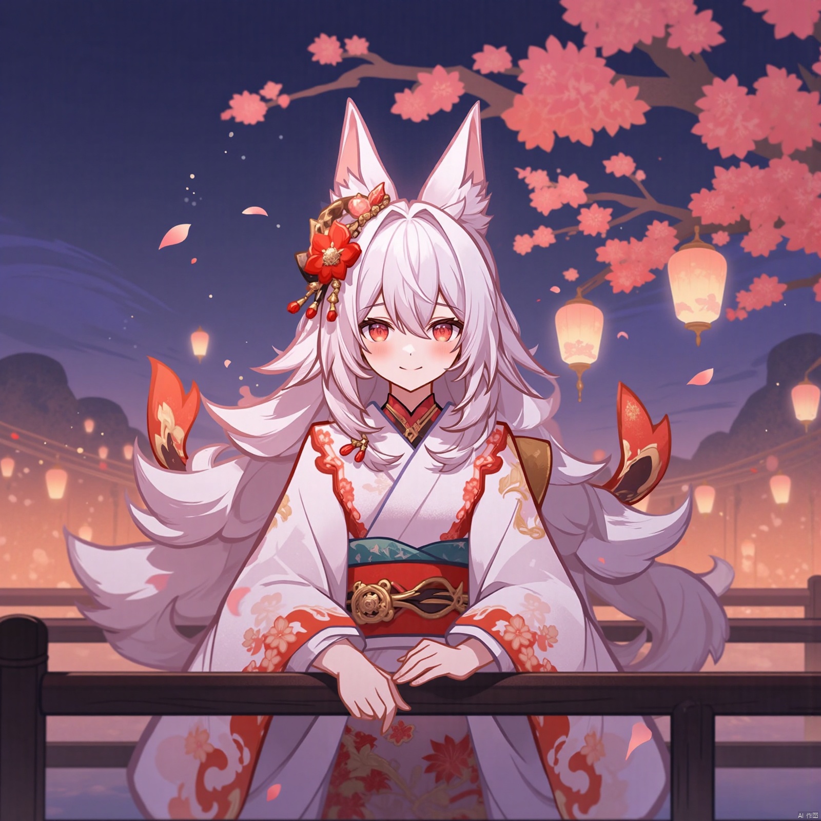 1girl, solo, long hair,blunt bangs, looking at viewer, blush, smile, bangs, hair ornament, red eyes, long sleeves, animal ears, hair between eyes, closed mouth, braid, flower, white hair, outdoors, japanese clothes, cat ears, hair flower, wide sleeves, kimono, water, blurry, animal ear fluff, sash, petals, depth of field, obi, floral print, cherry blossoms, hair over shoulder, pink flower, lantern, blurry foreground, white kimono, railing, branch, print kimono, bridge, paper lantern
