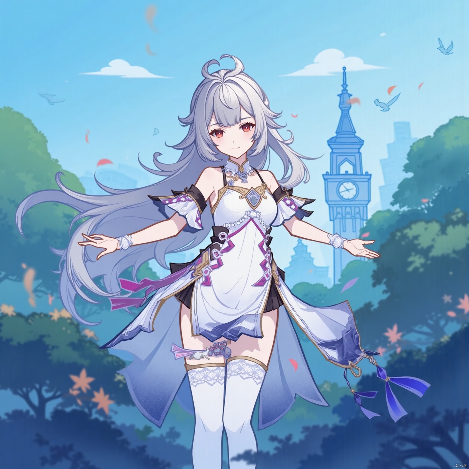 rosmontis \(arknights\),1girl,(blunt bangs),Petite and Solo Female,hair between eyes, Silver Hair with Asymmetrical Style, very long hair, grey hair, bare_shoulders, Red Eyes with Slit Pupils, blue_sky, braid, blurry foreground, closed_mouth, cloud, confetti, day, solo, blurry, outdoors, looking_at_viewer, bird, clock_tower, White Thigh-Highs with Thigh Straps - Sleeveless White Dress with Lace Trim - Piercing Red Eyes with Slit Pupils - Strapped Dress with a Wariza-Inspired Style - Asymmetrical Legwear for Visual Contrast - Mystical Forest with Rich Flora and Fauna - High-Resolution Fantasy Artwork - Masterpiece Quality with Intricate Details - Clean Imagery Free of Text or Watermarks
