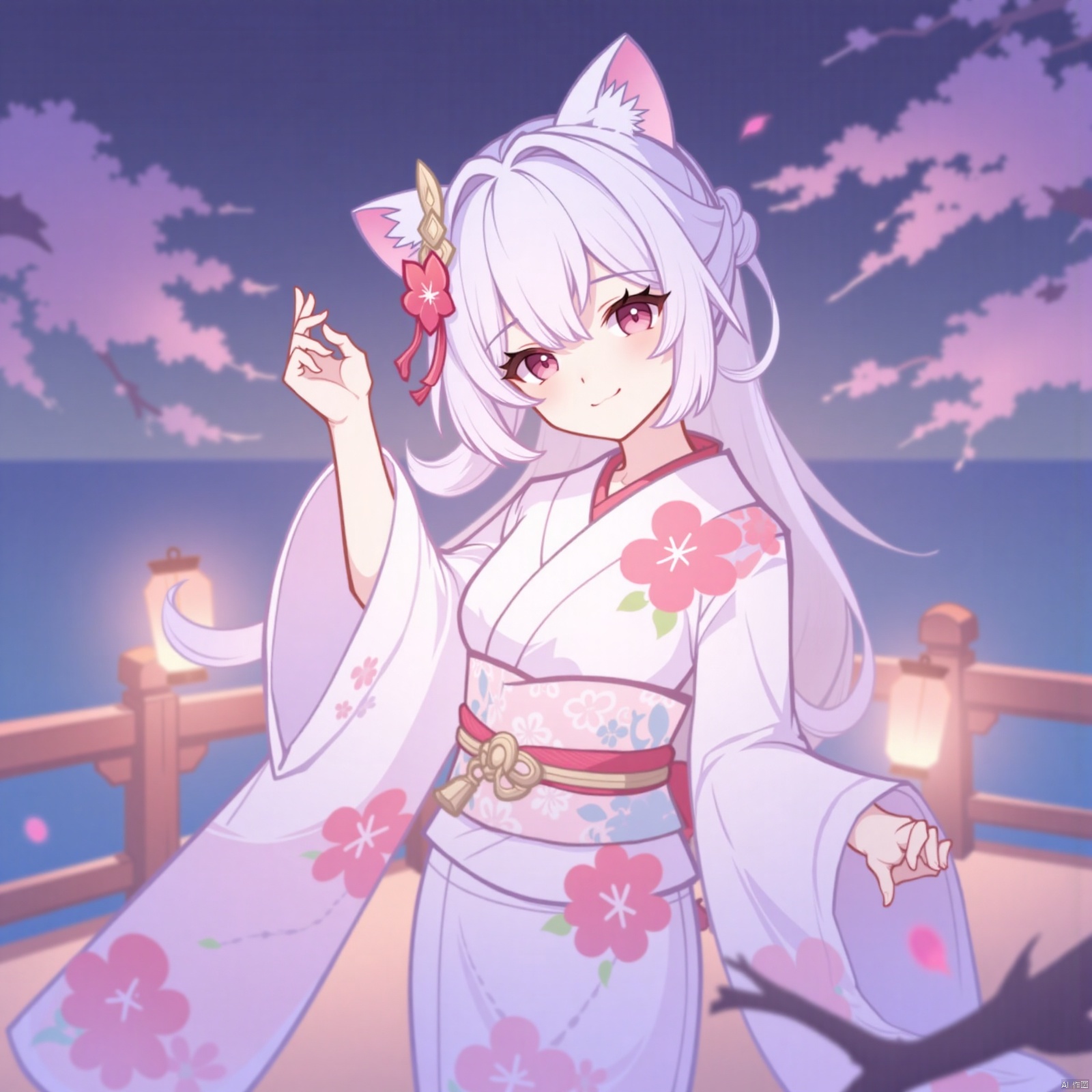 1girl, solo, long hair, looking at viewer, blush, smile, bangs, hair ornament, red eyes, long sleeves, animal ears, hair between eyes, closed mouth, braid, flower, white hair, outdoors, japanese clothes, cat ears, hair flower, wide sleeves, kimono, water, blurry, animal ear fluff, sash, petals, depth of field, obi, floral print, cherry blossoms, hair over shoulder, pink flower, lantern, blurry foreground, white kimono, railing, branch, print kimono, bridge, paper lantern
