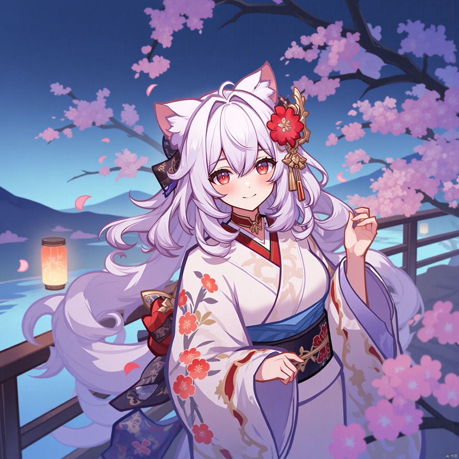 1girl, solo, long hair,blunt bangs, looking at viewer, blush, smile, bangs, hair ornament, red eyes, long sleeves, animal ears, hair between eyes, closed mouth, braid, flower, white hair, outdoors, japanese clothes, cat ears, hair flower, wide sleeves, kimono, water, blurry, animal ear fluff, sash, petals, depth of field, obi, floral print, cherry blossoms, hair over shoulder, pink flower, lantern, blurry foreground, white kimono, railing, branch, print kimono, bridge, paper lantern