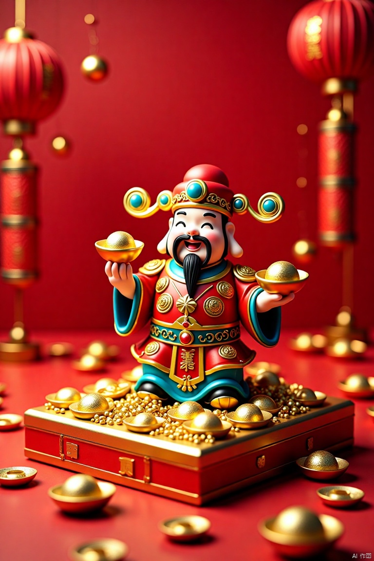 Chinese God of Fortune Delivering Fortune,National Style 3D,Overhead Lens,Depth of Field,xinnaincaishen