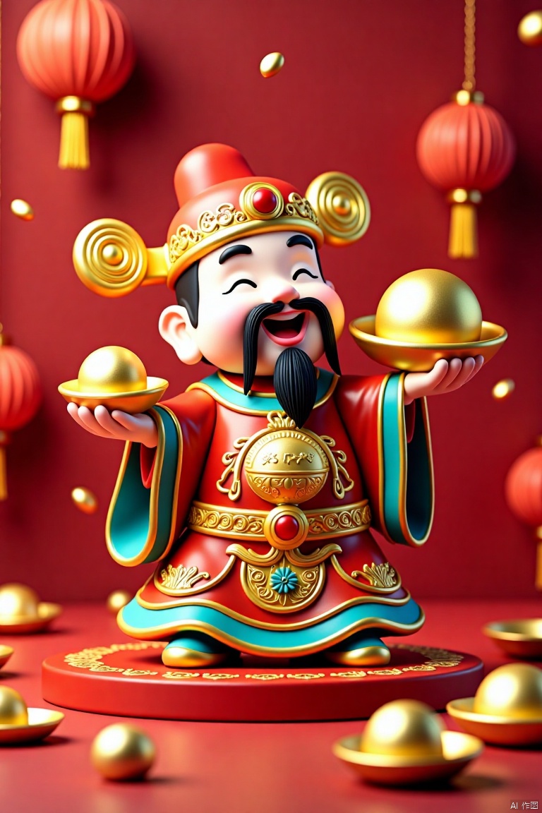 Chinese God of Fortune Delivering Fortune,National Style 3D,Overhead Lens,Depth of Field,xinnaincaishen