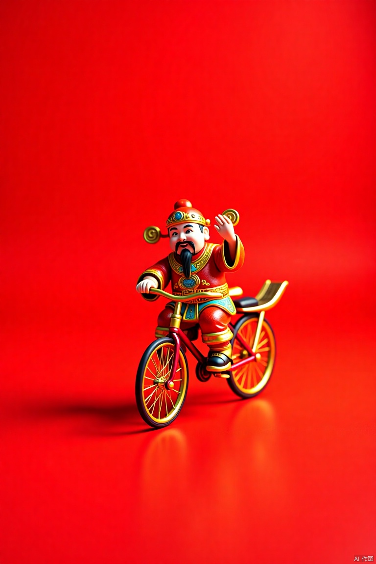 National Style 3D,Overhead Lens,Depth of Field,Chinese God of Fortune riding a bicycle on a red background,xinnaincaishen