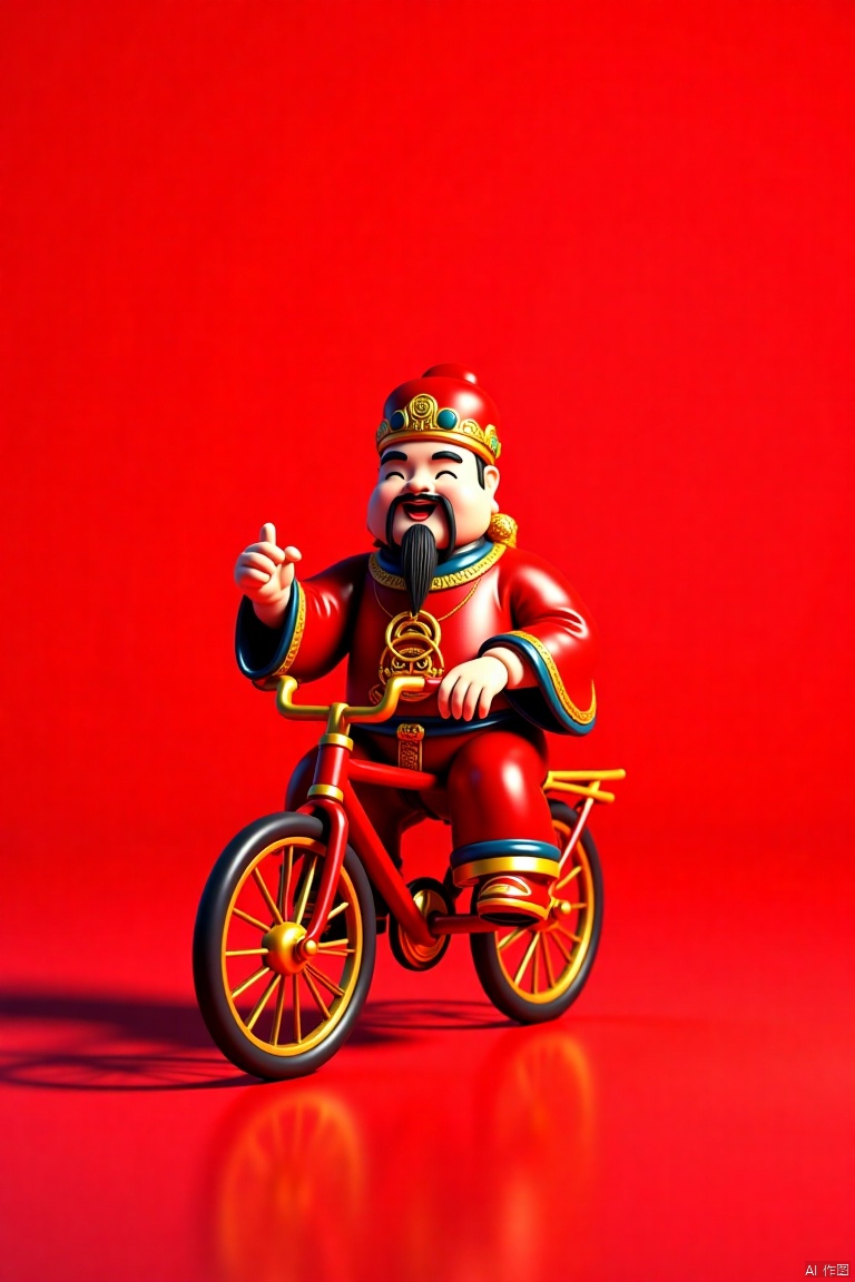 National Style 3D,Overhead Lens,Depth of Field,Chinese God of Fortune riding a bicycle on a red background,xinnaincaishen