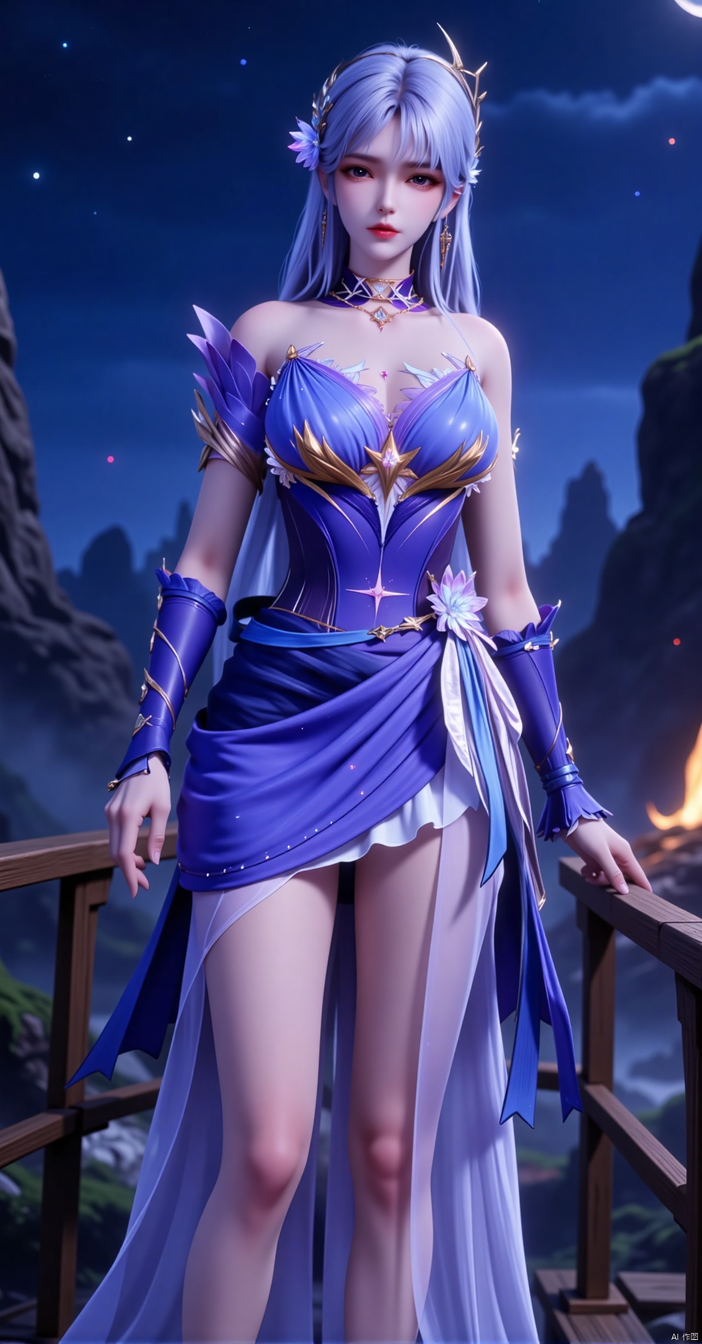 This is a highly detailed digital artwork featuring a fantastical, ethereal female character set against a dramatic, starry night sky. The woman stands confidently on a wooden bridge that spans a rocky, moonlit landscape. She has long, flowing silver hair adorned with a floral crown and a delicate, ethereal glow around her head. Her skin is fair and smooth, and she has striking red lips and piercing blue eyes. 

She is dressed in a stunning, form-fitting outfit that combines elements of medieval and fantasy fashion. Her top is a deep blue, strapless corset with intricate golden details, accentuating her ample breasts and slender waist. The corset is adorned with a golden brooch at the center, and a sheer white fabric drapes from her waist, cascading down to her feet, creating a flowing, ethereal effect. She wears matching blue gloves and high-heeled sandals with intricate designs.

In her right hand, she holds a small, glowing orb, emitting a warm, golden light. The background features jagged, rocky outcrops and distant mountains under a night sky filled with stars and a crescent moon. The overall atmosphere is mystical and magical, with a blend of fantasy and realism in both character design and environment.