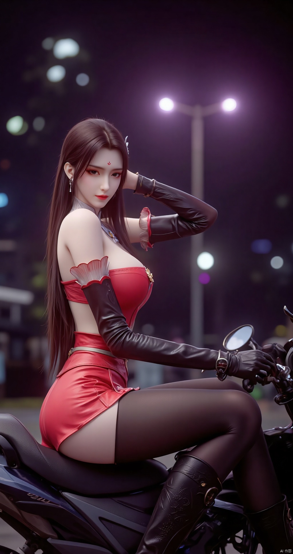 Yamaha R15 black motorcycle, red leather off-shoulder top, red leather shorts, black stockings, red high heels, black choker, black gloves, long hair, night, purple light background, fashion, sexy, leather material, metal decoration, motorcycle Detail, woman, sitting pose, outdoors, blurred background, leaning on motorcycle, body tilted to the left, hands on leather pants slit, black rope, dynamic pose, low angle shot.