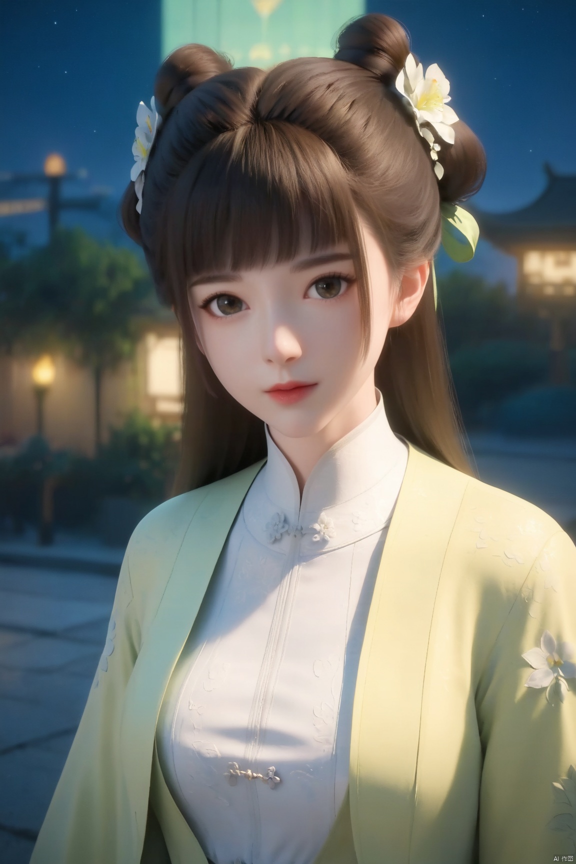 score_9_up,score_8_up,score_7_up,(Masterpiece, Best Quality, High Resolution, 8K Raw),absurdres, highres, Expressiveh, 
1girl, solo, long hair, looking at viewer, bangs, brown hair, hair ornament, dress, jacket, upper body, flower, outdoors, hair flower, hair bun, night, chinese clothes,
 illustration,CG,shiny hair,clear skin, pale skin,translucent,realistic,white skin,high detailed skin,(detailed skin:1.1),highly detailed,ultra-high resolution,32K UHD,sharp focus,best-quality,masterpiece,unconventional supreme masterpiece,masterful details,temperate atmosphere,with a high-end texture,in the style of fashion photography,Dynamic Angle,(Dynamic posture:1.1),OverallDetailXL,zPDXL3,GX_style,
