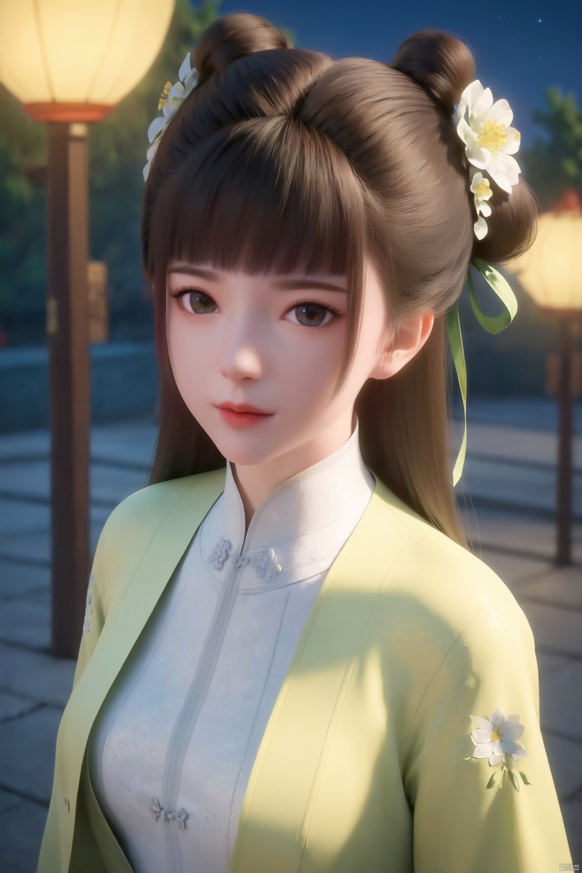 score_9_up,score_8_up,score_7_up,(Masterpiece, Best Quality, High Resolution, 8K Raw),absurdres, highres, Expressiveh, 
1girl, solo, long hair, looking at viewer, bangs, brown hair, hair ornament, dress, jacket, upper body, flower, outdoors, hair flower, hair bun, night, chinese clothes,
 illustration,CG,shiny hair,clear skin, pale skin,translucent,realistic,white skin,high detailed skin,(detailed skin:1.1),highly detailed,ultra-high resolution,32K UHD,sharp focus,best-quality,masterpiece,unconventional supreme masterpiece,masterful details,temperate atmosphere,with a high-end texture,in the style of fashion photography,Dynamic Angle,(Dynamic posture:1.1),OverallDetailXL,zPDXL3,GX_style,