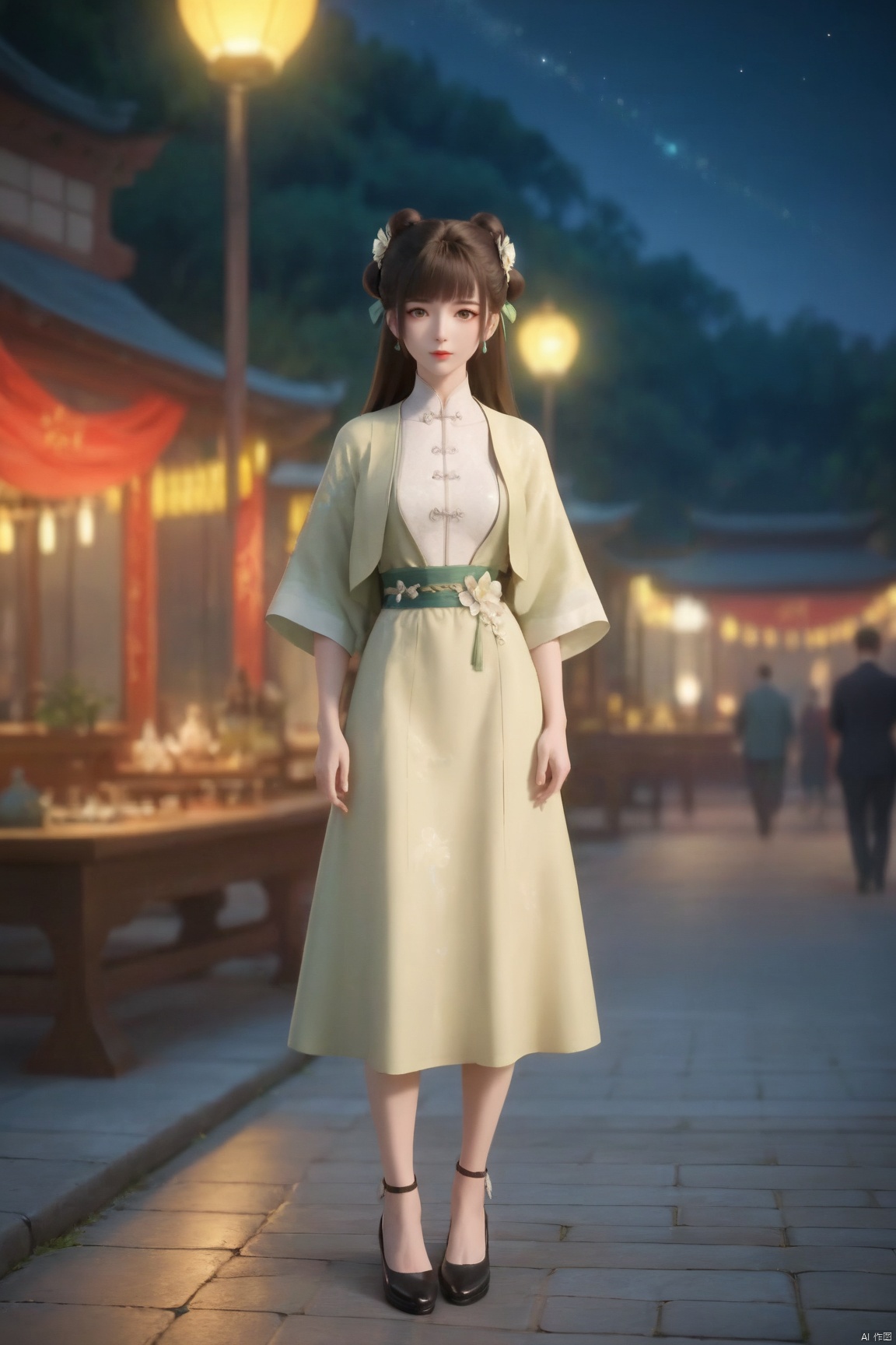 score_9_up,score_8_up,score_7_up,(Masterpiece, Best Quality, High Resolution, 8K Raw),absurdres, highres, Expressiveh, 
1girl, solo, long hair, looking at viewer, bangs, brown hair, hair ornament, dress, jacket, full body, flower, outdoors, hair flower, hair bun, night, chinese clothes,