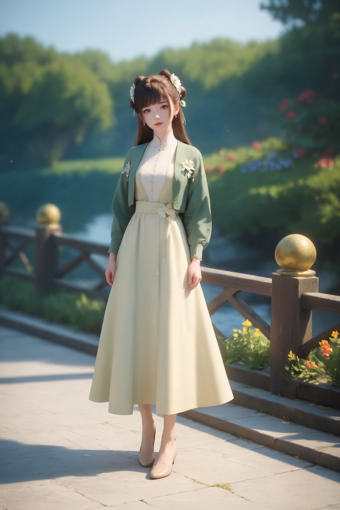 score_9_up,score_8_up,score_7_up,(Masterpiece, Best Quality, High Resolution, 8K Raw),absurdres, highres, Expressiveh, 
1girl, solo, long hair, looking at viewer, bangs, brown hair, hair ornament, dress, jacket, full body, flower, outdoors, hair flower, hair bun, 
