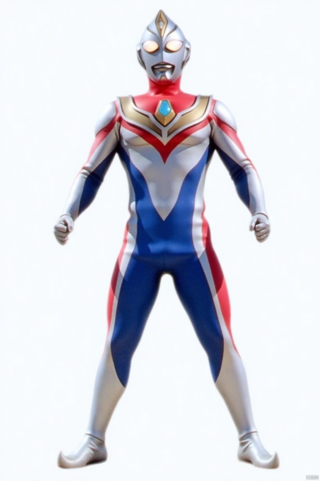 ultraman,silver bodysuit,silver gloves,legwear,gloves,boots,cover,mask,plugsuit,armor,bodysuit,red pattern on body,blue pattern on body,silver tight-fitting,silver footwear,helmet,leather suit,latex,tokusatsu,no humans,science fiction,silver head,hard mask,no smile,no eyes,no nose,solo,silver rubber bodysuit with blue and red line