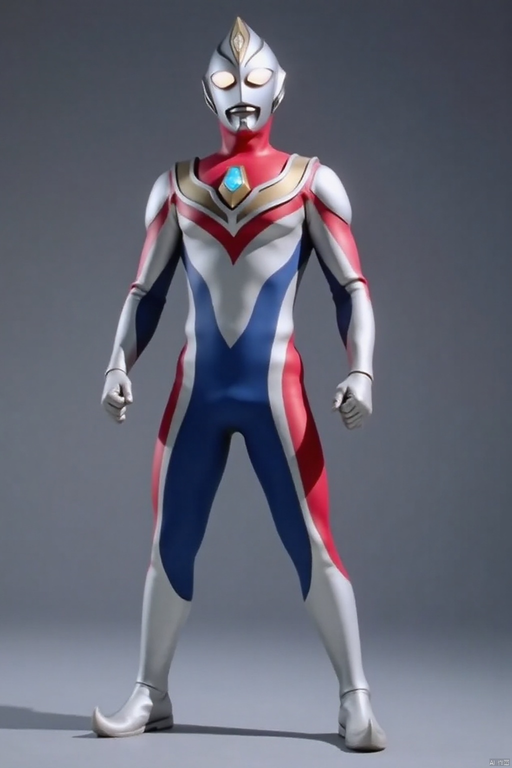 ultraman,silver bodysuit,silver gloves,legwear,gloves,boots,cover,mask,plugsuit,armor,bodysuit,red pattern on body,blue pattern on body,silver tight-fitting,silver footwear,helmet,leather suit,latex,tokusatsu,no humans,science fiction,silver head,hard mask,no smile,no eyes,no nose,solo,silver rubber bodysuit with blue and red line