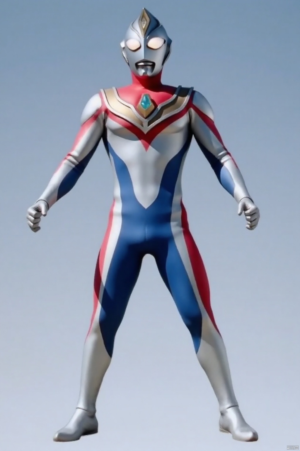 ultraman,silver bodysuit,silver gloves,legwear,gloves,boots,cover,mask,plugsuit,armor,bodysuit,red pattern on body,blue pattern on body,silver tight-fitting,silver footwear,helmet,leather suit,latex,tokusatsu,no humans,science fiction,silver head,hard mask,no smile,no eyes,no nose,solo,silver rubber bodysuit with blue and red line