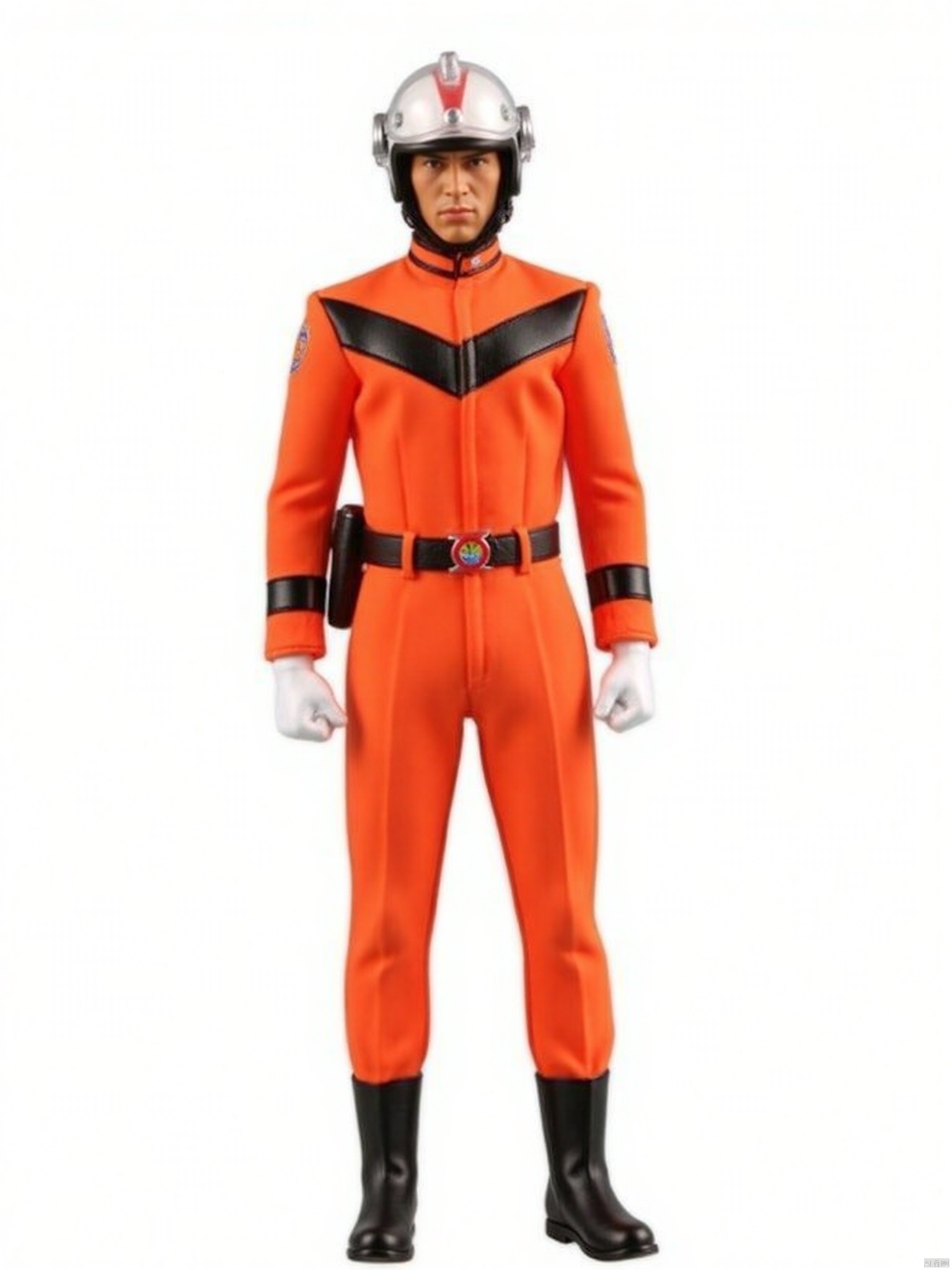 MAT,helmet,orange pants,orange jacket,collar,belt,logo,uniform,jacket,gloves,boots,emblem,pants,white gloves,black footwear,orange jacket with black line