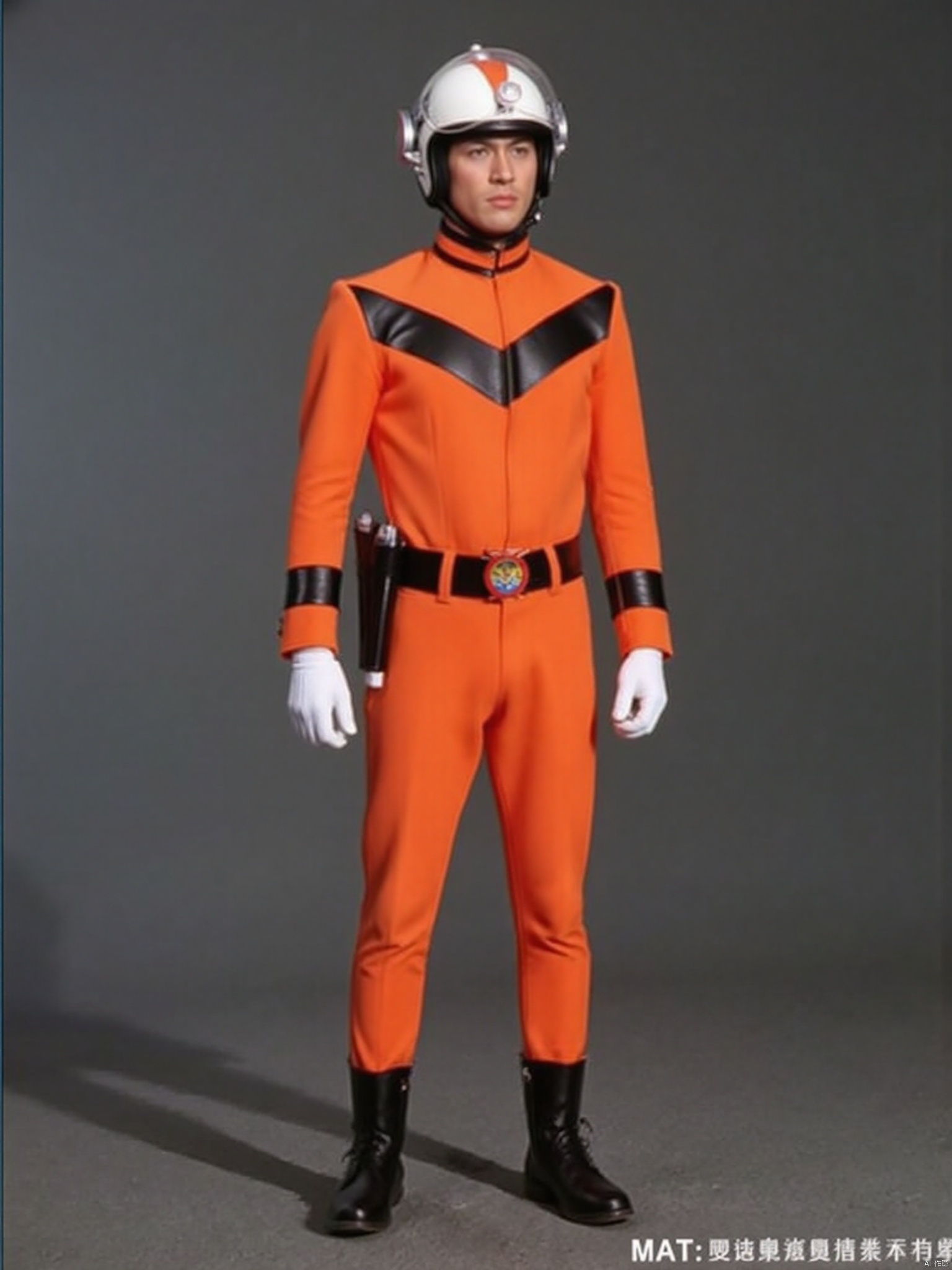 MAT,helmet,orange pants,orange jacket,collar,belt,logo,uniform,jacket,gloves,boots,emblem,pants,white gloves,black footwear,orange jacket with black line