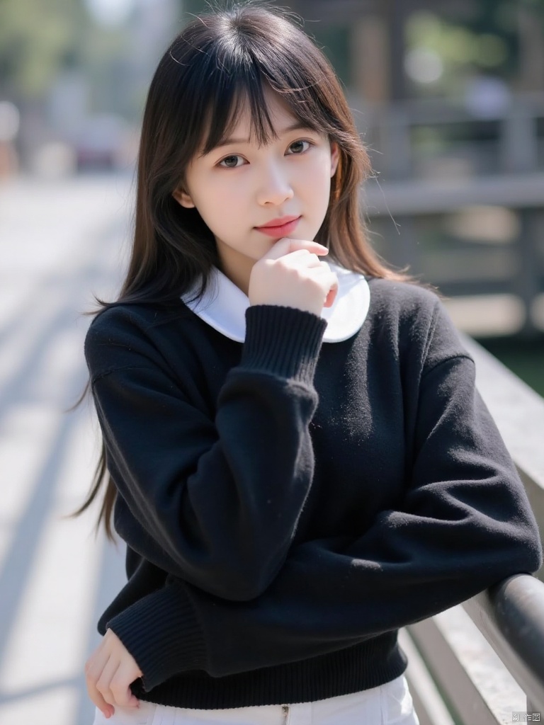 A photo with a sense of atmosphere,big breasts,cleavage,A close-up shot of a young Asian girl with long brown hair and blue eyes. She is wearing a black sweater with a white collar around her neck and a pair of white pants. Her left hand is resting on her hip. Her right hand is positioned in front of her face. The background is blurred, but it appears to be a sunny day.
