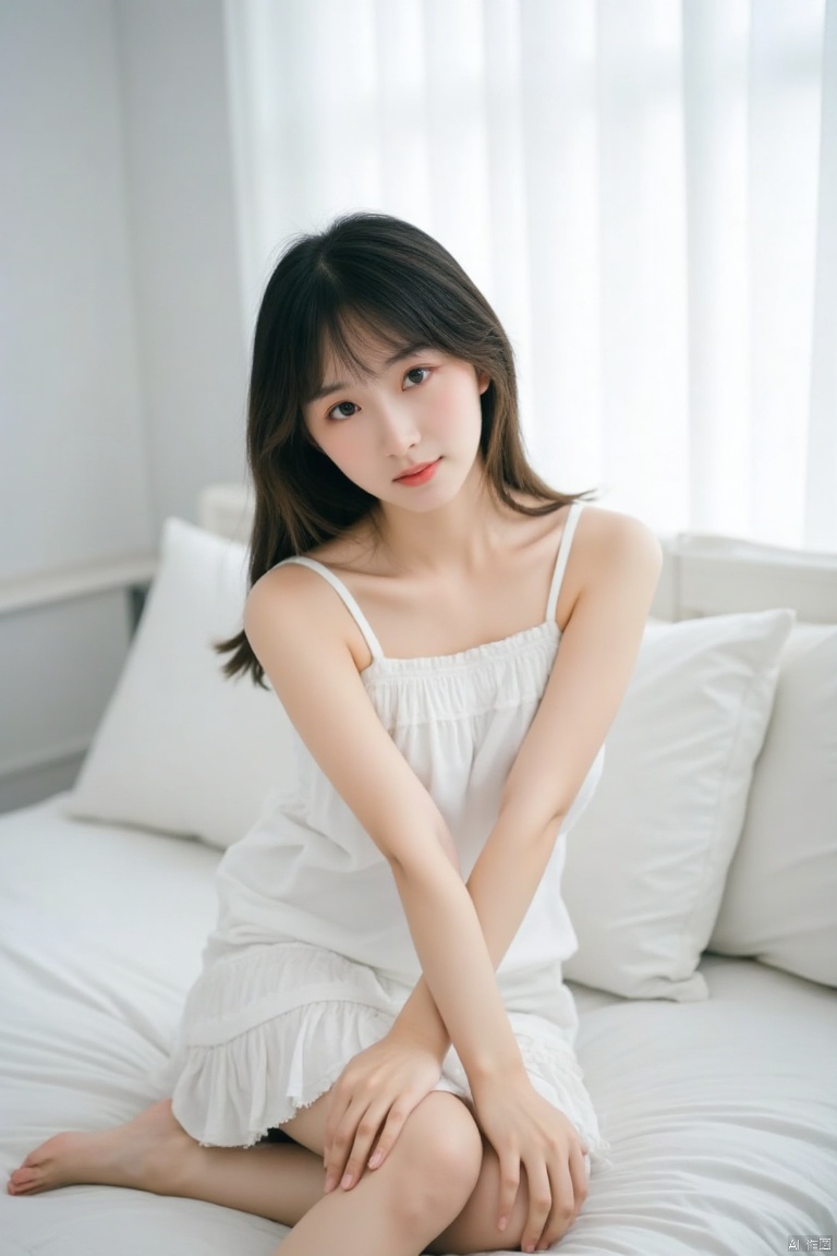A photo with a sense of atmosphere,a young Asian girl with long dark brown hair and blue eyes is seated on a white bed. She is wearing a white sleeveless shirt with a white ruffled skirt. Her left hand is draped over her right shoulder. Her right hand is resting on her right arm, adding a touch of balance to her body. The backdrop is a stark white wall, with a sheer curtain at the top of the frame