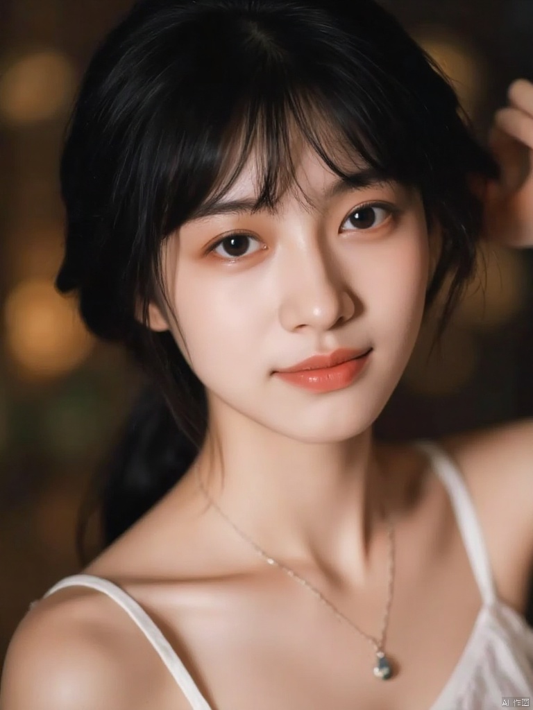 A photo with a sense of atmosphere,A captivating solo portrait of a young woman with striking features. The subject's long black hair is styled in a sleek ponytail, with bangs framing her heart-shaped face. Her piercing blue eyes gaze directly at the viewer, one lid partially closed as she smiles warmly. A delicate necklace adorns her neck, drawing attention to her porcelain complexion. Her full lips curve upward, and her eyelashes bat lazily, creating a sense of gentle intimacy. The soft focus and warm lighting emphasize her alluring presence in this studio photography setting.
