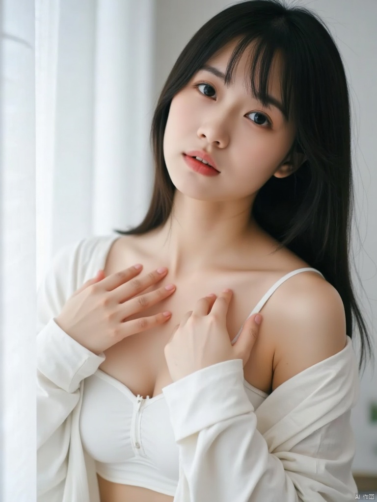 A photo with a sense of atmosphere,big breasts,cleavage,a close-up shot of a young Asian woman with long dark brown hair and blue eyes is stunning. She is wearing a white strapless bra with a white shirt underneath. Her hands are draped across her chest, adding a touch of warmth to her outfit. The backdrop is a stark white wall with vertical white blinds.