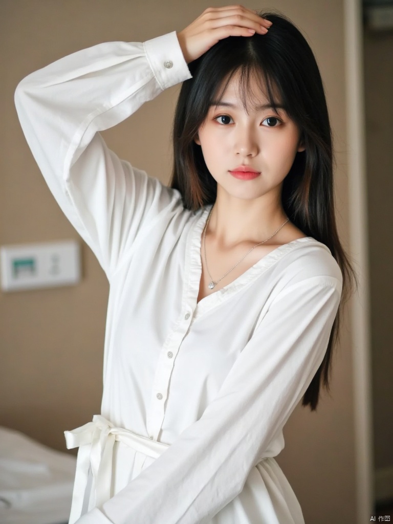 A photo with a sense of atmosphere,a young Asian woman stands with her back to the camera. She is wearing a white long-sleeved button-down shirt, adorned with a white ribbon tied around her waist, and a silver necklace. Her hair is dark brown, and her eyes are a piercing blue. Her left hand is raised above her head, while her right hand is resting on her head. The backdrop is blurred, with a light brown wall and a white light switch visible in the background.
