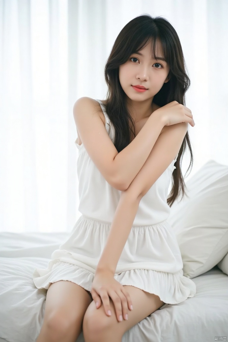 A photo with a sense of atmosphere,a young Asian woman with long dark brown hair and blue eyes is seated on a white bed. She is wearing a white sleeveless shirt with a white ruffled skirt. Her left hand is draped over her right shoulder. Her right hand is resting on her right arm, adding a touch of balance to her body. The backdrop is a stark white wall, with a sheer curtain at the top of the frame
