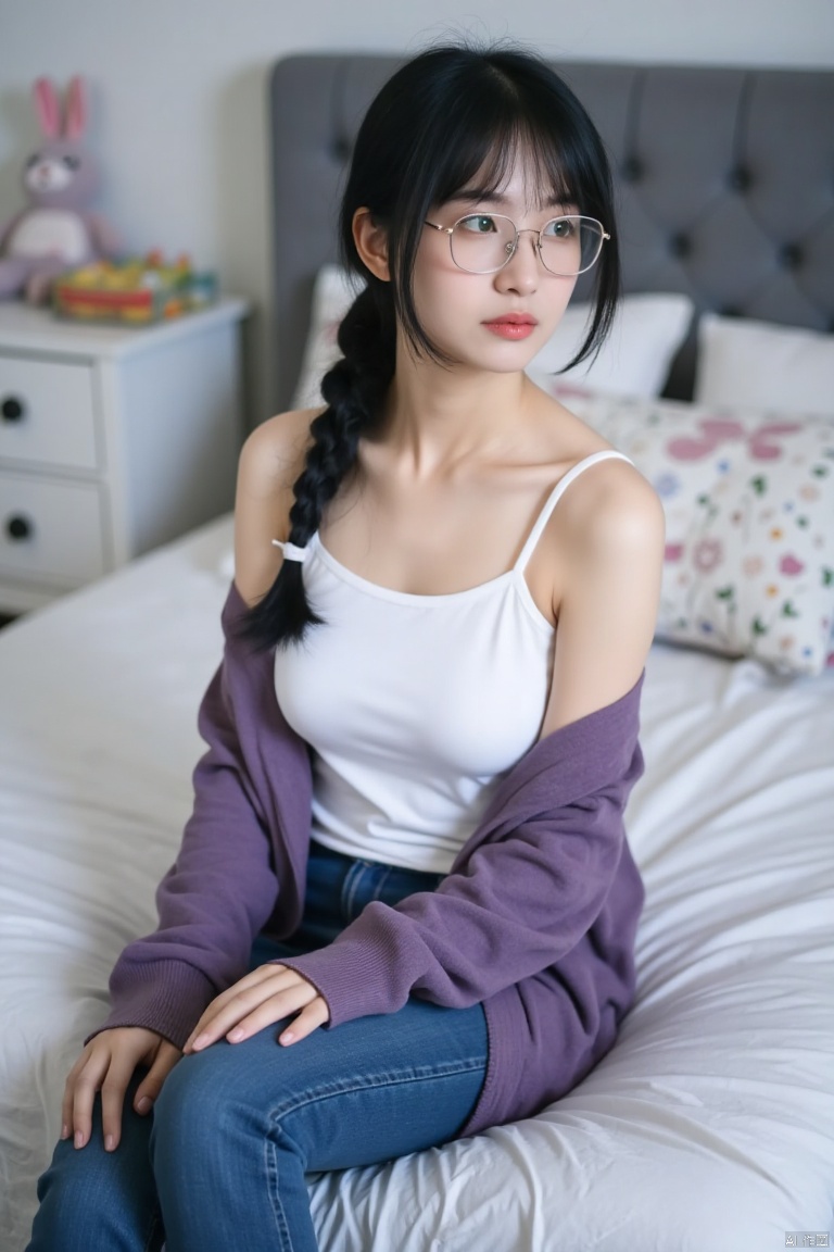 A photo with a sense of atmosphere,a young Asian woman is seated on a bed. She is dressed in a white tanktop, a long-sleeved purple cardigan, and blue jeans. Her hair is pulled back in a ponytail, and she is wearing a pair of eye glasses. Her lips are painted pink, and her eyes are a piercing green. The bed she is sitting on is adorned with white sheets and pillows, and a gray headboard is visible in the background. To the left of the bed is a white dresser with a stuffed bunny on it.