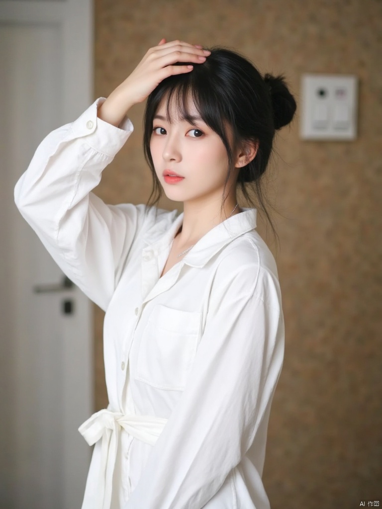 A photo with a sense of atmosphere,a young Asian woman stands with her back to the camera. She is wearing a white long-sleeved button-down shirt, adorned with a white ribbon tied around her waist, and a silver necklace. Her hair is dark brown, and her eyes are a piercing blue. Her left hand is raised above her head, while her right hand is resting on her head. The backdrop is blurred, with a light brown wall and a white light switch visible in the background.