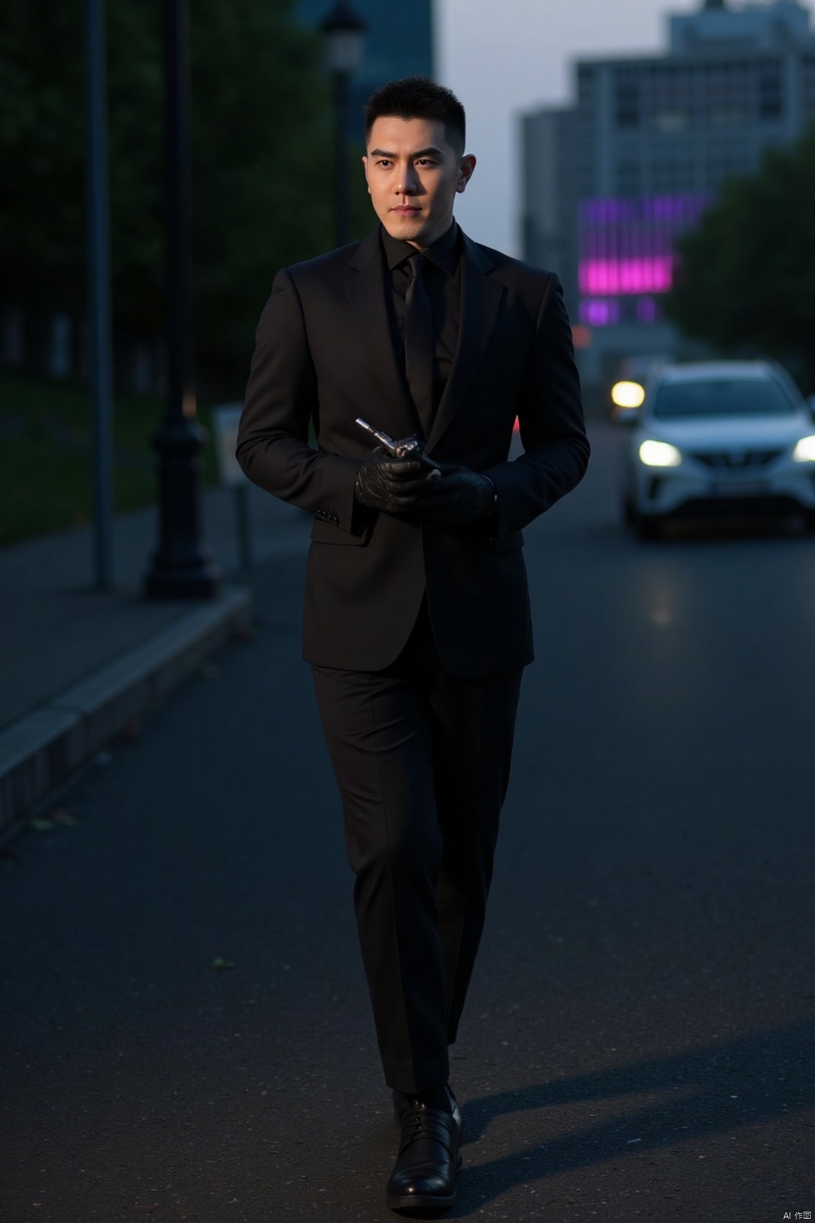 1man,(realistic:1.3),Combat posture,male focus,asian,exquisite facial features,handsome,muscular,suit,shirt,pants,footwear,full body,dimly lit,city,outdoors,neon lights,Dynamic pose, Lichen background, Russian landscape, romantic realism, atmospheric, perfect background, magnificent, masterpiece, realistic, best quality, highly detailed,profession, creative, glowing, dynamic,jzns,wjc