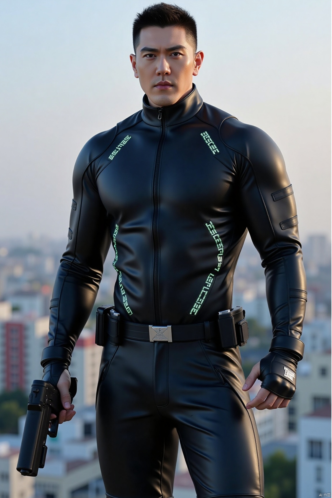 1man,solo,realistic,male focus, muscular, Skin texture,Future style gel coat,Future Combat Suit,Glowing Clothing,leather pants,Laser gun,cyberpunk city,full body, an outdoor environment with soft lighting, which highlights the man's deep eyes and three-dimensional features, giving an overall impression of being handsome and charming., masterpiece, realistic, best quality, highly detailed,