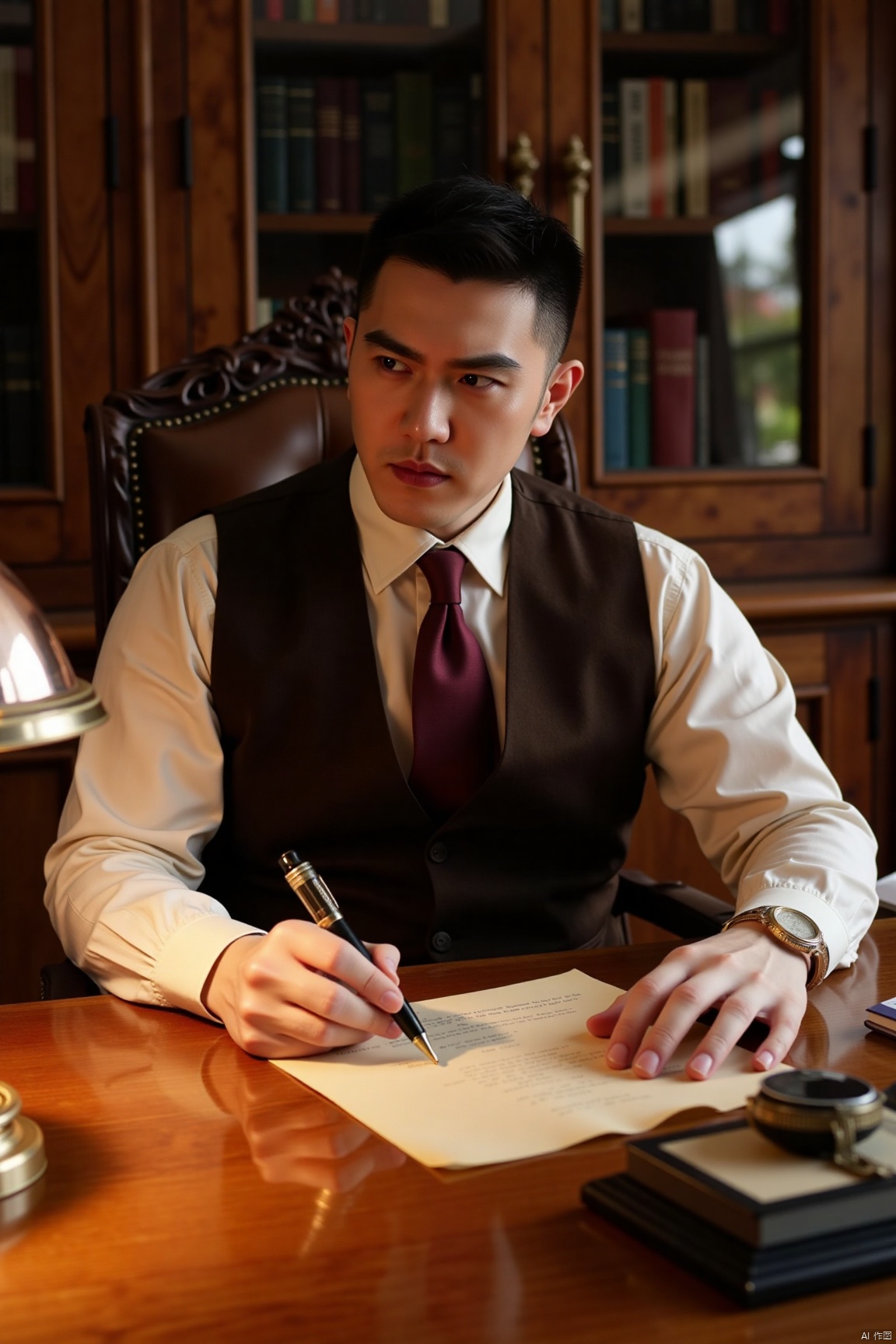 In the retro European-style study, the gentleman is sitting in front of a carved walnut desk. He is wearing a dark brown suede suit vest, with a beige silk shirt inside and a burgundy tie neatly tied. With his right hand holding a carved fountain pen, he is writing on the yellowed parchment paper. His left hand is gently pressing the paper, with a slight frown on his brow and a focused expression, as if recording an ancient story. On the table, a copper table lamp emitting warm light and an oak bookshelf full of books are placed as the background, exuding a strong classical charm.