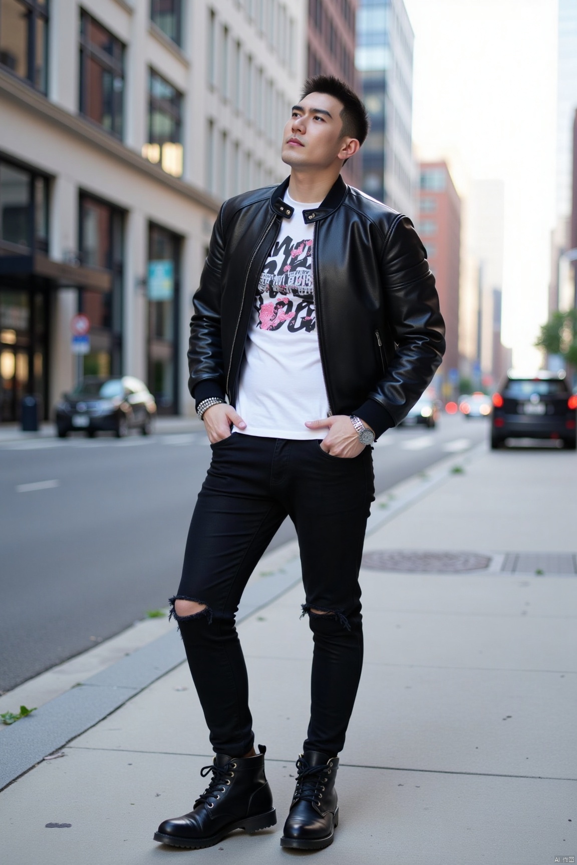 jzns,At the street corner of the bustling city, a fashionable gentleman is standing still. He is wearing a fitted black leather jacket, whose tough lines reveal his masculinity. Underneath is a trendy white T-shirt with unique graffiti, creating a striking visual contrast. His lower body is paired with a pair of ripped black skinny jeans and a pair of cool black studded boots, full of trendy vibes. He tilts his head up slightly, with his hands in his pockets. The unique metal bracelet on his right wrist glimmers faintly in the sunlight. His deep eyes are looking at the tall buildings in the distance, as if the whole city is under his feet, exuding confident and unruly charm...wjc