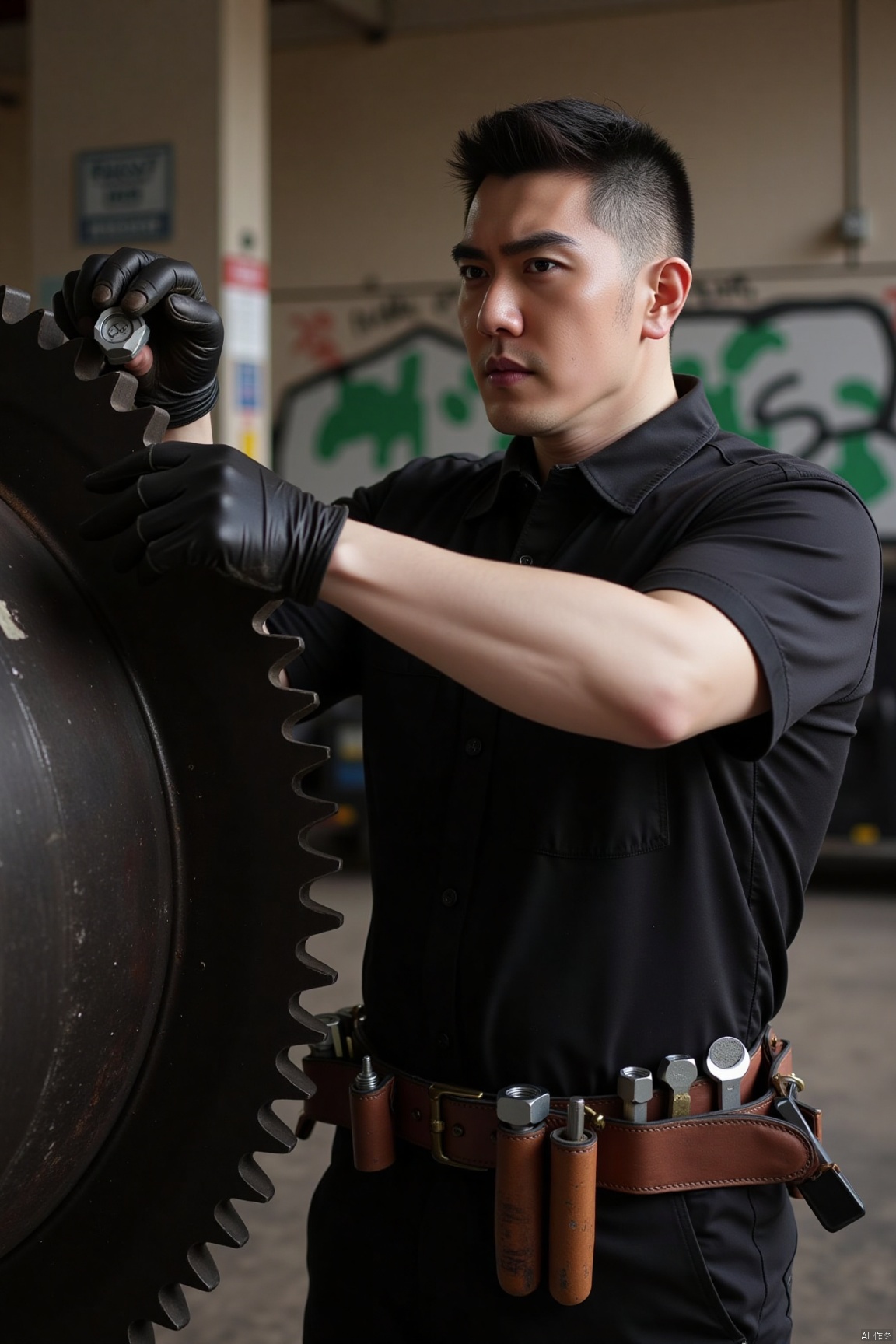 Inside the industrial-style old warehouse, the gentleman is wearing a black one-piece work jumpsuit with a brown leather tool belt around his waist, hung with various vintage wrenches, screwdrivers and other tools. Wearing worn black leather gloves on his hands, he is tightening the nuts on a huge gear with force. His arm muscles are taut, and the veins are bulging. There is a little oil stain on his face, but he doesn't care at all. His eyes are firm and focused, immersed in the world of machinery repair. The graffiti and mottled light and shadow on the wall behind him add a bit of wildness to the picture.