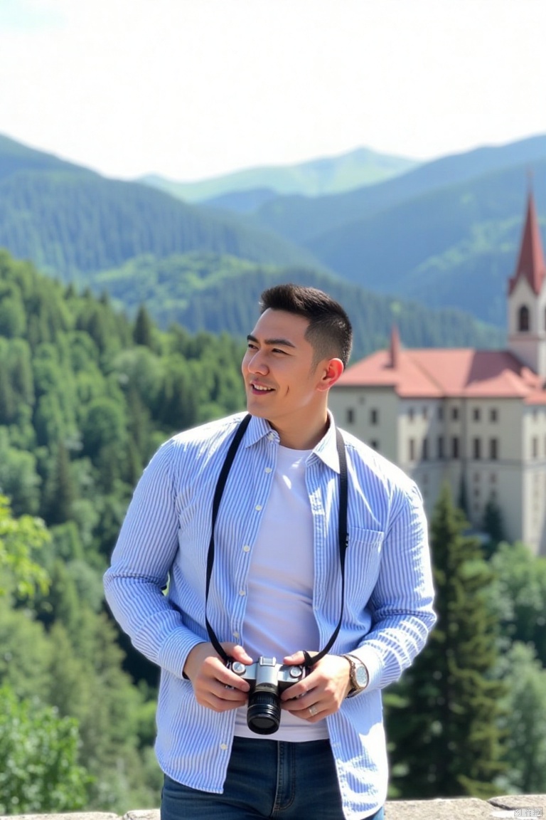 jzns,wjc,solo,realistic, The man is wearing a blue and white striped shirt and a white T-shirt inside. He is holding a camera and standing in a beautiful outdoor scene with lush mountains and ancient buildings in the background. He is smiling and looking to the side, giving an overall impression of a relaxed and enjoyable life.