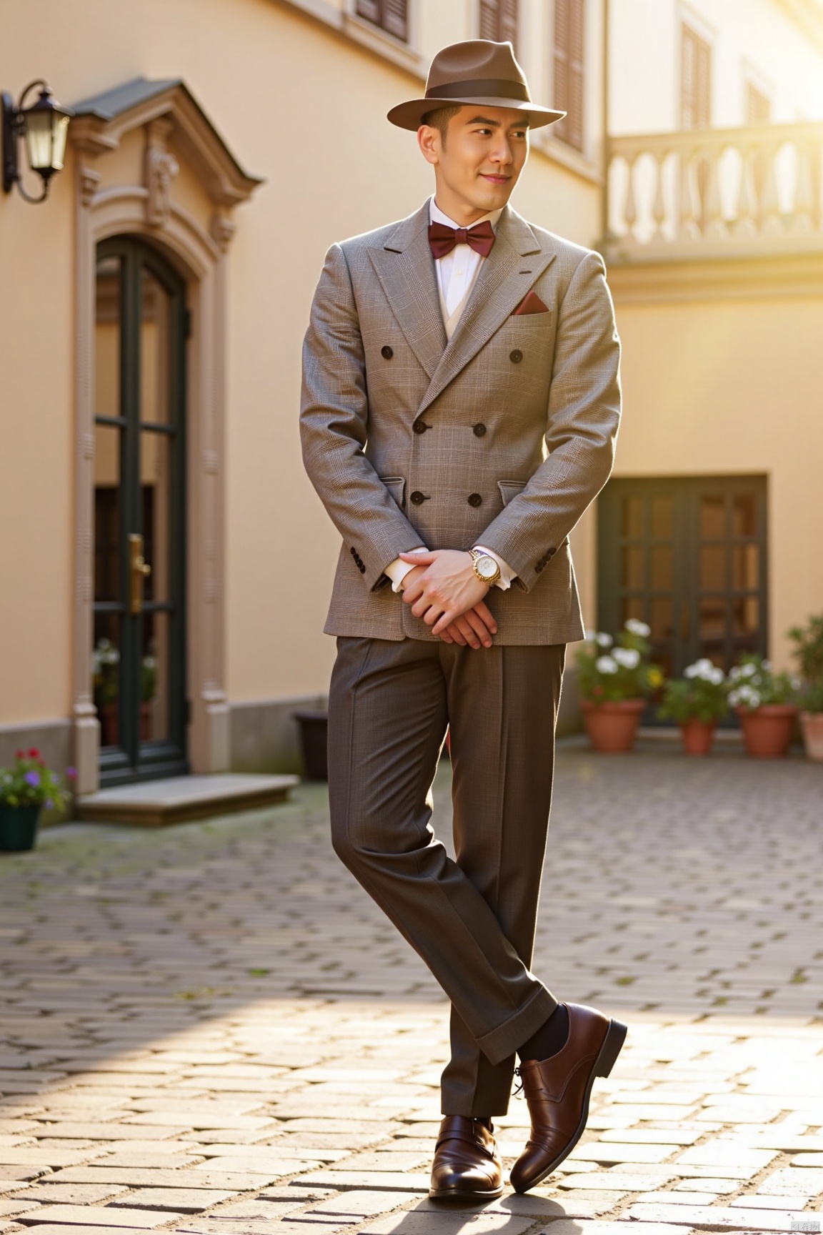 jzns,In a retro European courtyard, the sunlight shines softly, casting a warm yellow filter over the entire scene. A refined gentleman stands in the middle of the courtyard, embarking on a stylish photo-taking session.
He is wearing a dark brown felt hat on his head. The hat top is slightly concave, and the brim is gracefully curled up on one side, revealing his smooth and full forehead and neatly trimmed sideburns. On his upper body is a thick-textured British plaid suit jacket. The classic houndstooth pattern weaves a retro charm. Paired with a waistcoat of the same color series, the double-breasted design is exquisite and retro. Inside is a off-white shirt, with a burgundy silk tie, and the bow tie is tied perfectly, showing elegance. His lower body is clad in a pair of dark grey woolen straight-leg trousers, with distinct creases. He is wearing a pair of polished brown leather shoes, and every step he takes shows the calmness of a gentleman.
He folds his hands in front of him, with his right hand gently holding his left wrist. Standing tall and straight, he turns slightly sideways, bends his left leg slightly, and places his center of gravity on his right foot, showing a calm and poised demeanor. With a smile on his face, his eyes look at the distance gently and attentively, as if immersed in the past stories of the courtyard. Every gesture and movement exudes the charming charm of a classical gentleman, making people want to capture this moment..wjc