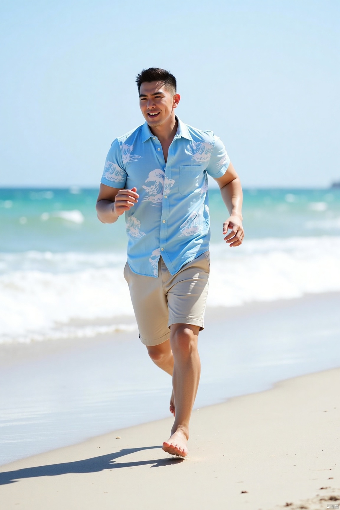 On the beach by the sea, the gentleman is wearing a light blue Hawaiian shirt with white wave patterns printed on it, paired with a khaki casual short. Barefoot, he is running against the sea breeze, with his hands open, as if to embrace the sea. His hair is a little messy by the wind, and his face is filled with a free and happy smile. The sunlight shines on him, outlining his healthy and energetic silhouette. Not far away, the waves are lapping against the beach, creating layers of white foam, forming a vibrant seaside picture with his dynamic figure.