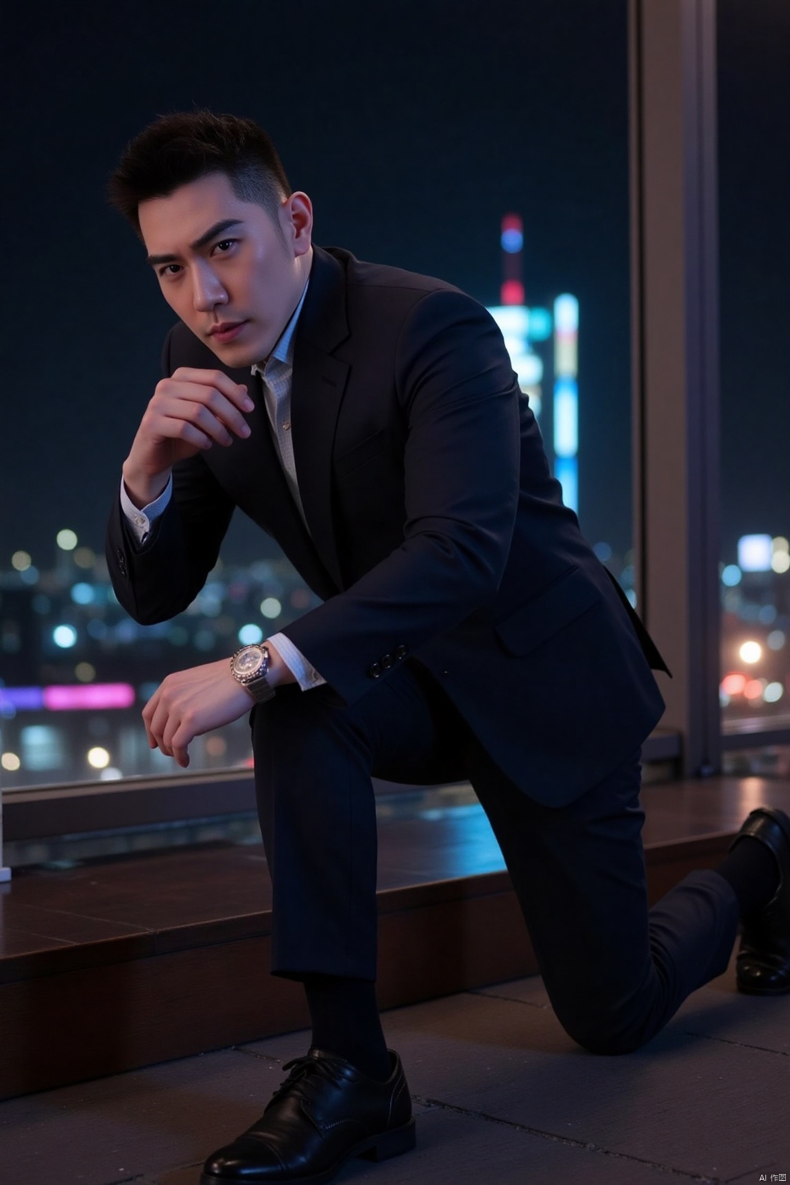 1man,Combat posture,male focus,asian,exquisite facial features,handsome,muscular,suit,shirt,pants,footwear,full body,dimly lit,city,outdoors,neon lights,Dynamic pose, Lichen background, Russian landscape, romantic realism, atmospheric, perfect background, magnificent, masterpiece, realistic, best quality, highly detailed,profession, creative, glowing, dynamic,jzns,wjc