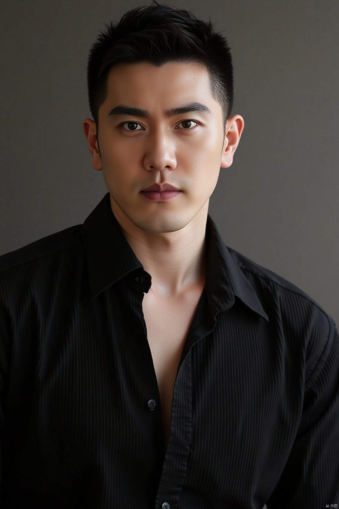 jzns,wjc,solo,realistic, The man in the picture is wearing a black pleated shirt with the collar slightly open, revealing part of his chest. an indoor environment with soft lighting, which highlights the man's deep eyes and three-dimensional features, giving an overall impression of being handsome and charming., masterpiece, realistic, best quality, highly detailed,
