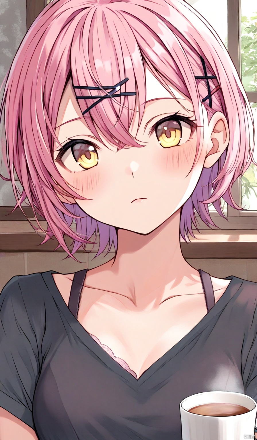 1girl,
solo,
breasts,
looking at viewer,
blush,
short hair,
bangs,
shirt,
hair ornament,
holding,
hair between eyes,
closed mouth,
collarbone,
yellow eyes,
upper body,
pink hair,
hairclip,
indoors,
cup,
black shirt,
x hair ornament,
holding cup,
mug,
bra strap
