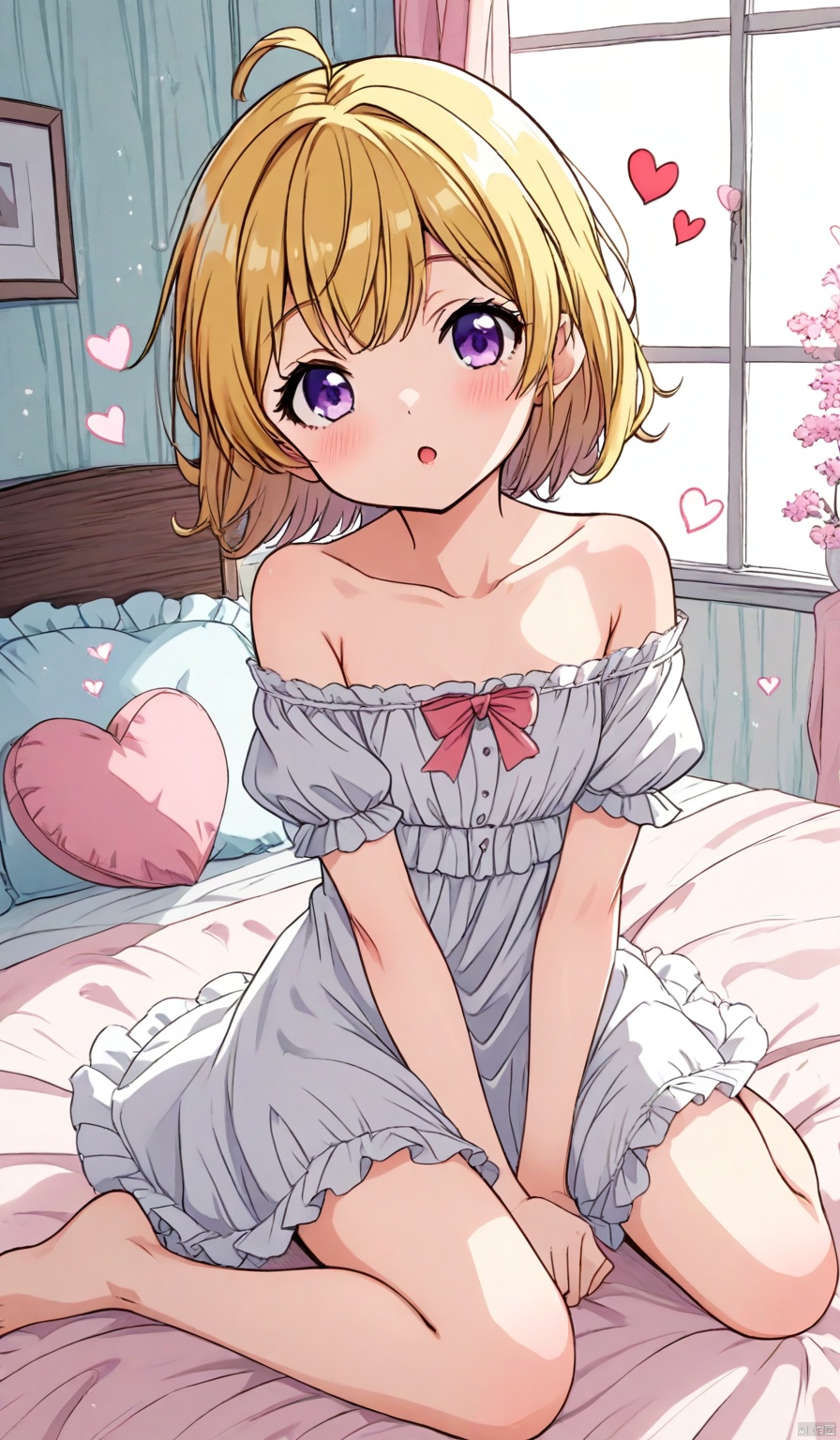 1girl,
solo,
looking at viewer,
blush,
short hair,
open mouth,
bangs,
blonde hair,
dress,
bow,
bare shoulders,
sitting,
purple eyes,
collarbone,
full body,
ahoge,
short sleeves,
heart,
frills,
barefoot,
puffy sleeves,
indoors,
off shoulder,
:o,
puffy short sleeves,
pillow,
bed,
on bed,
wariza
