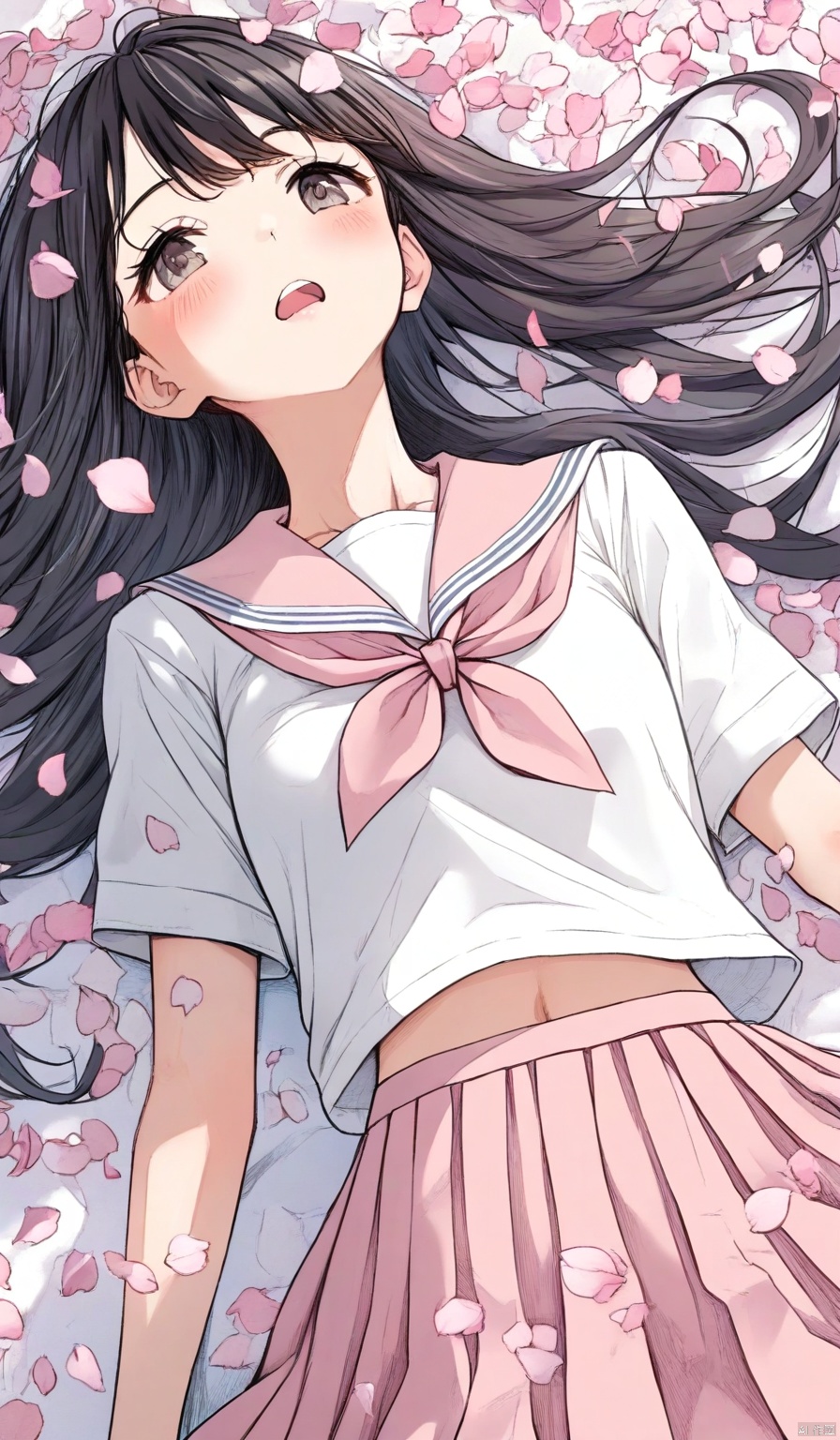 1girl,
solo,
long hair,
blush,
open mouth,
bangs,
skirt,
shirt,
black hair,
brown eyes,
school uniform,
white shirt,
short sleeves,
pleated skirt,
lying,
serafuku,
on back,
sailor collar,
black eyes,
neckerchief,
petals,
pink skirt,
midriff peek,
pink neckerchief,
