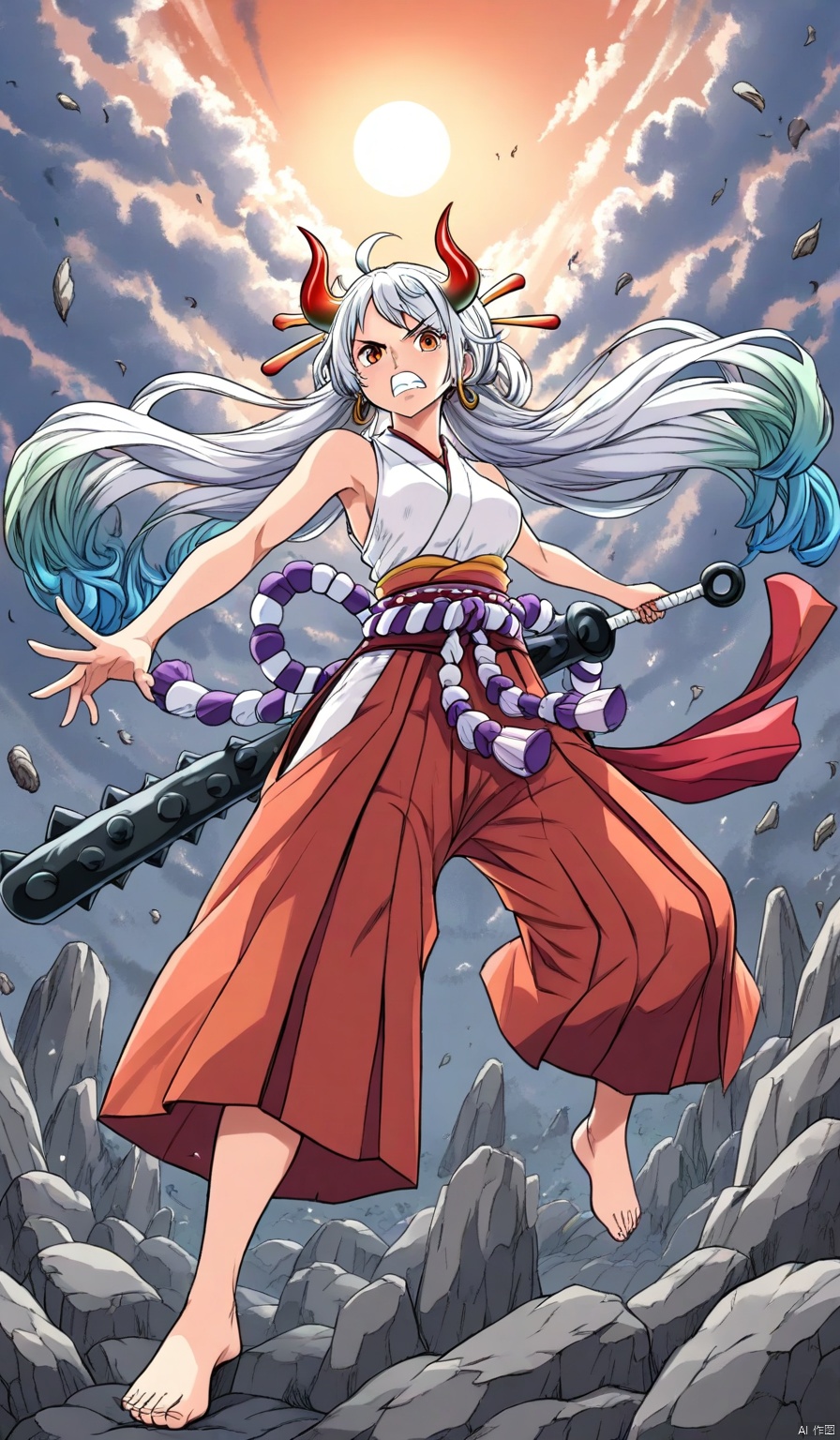 1girl,
solo,
long hair,
breasts,
looking at viewer,
hair ornament,
bare shoulders,
jewelry,
very long hair,
full body,
weapon,
ahoge,
white hair,
sidelocks,
multicolored hair,
earrings,
japanese clothes,
green hair,
horns,
sky,
barefoot,
teeth,
sleeveless,
pants,
cloud,
kimono,
v-shaped eyebrows,
orange eyes,
bare arms,
aqua hair,
gradient hair,
floating hair,
outstretched arm,
clenched teeth,
hakama,
rope,
backlighting,
sunset,
oni,
sun,
hair stick,
red hakama,
curled horns,
shimenawa,
red horns,
sleeveless kimono,
club \(weapon\),
hakama pants,
kanabou,
multicolored horns,
yamato \(one piece\)
